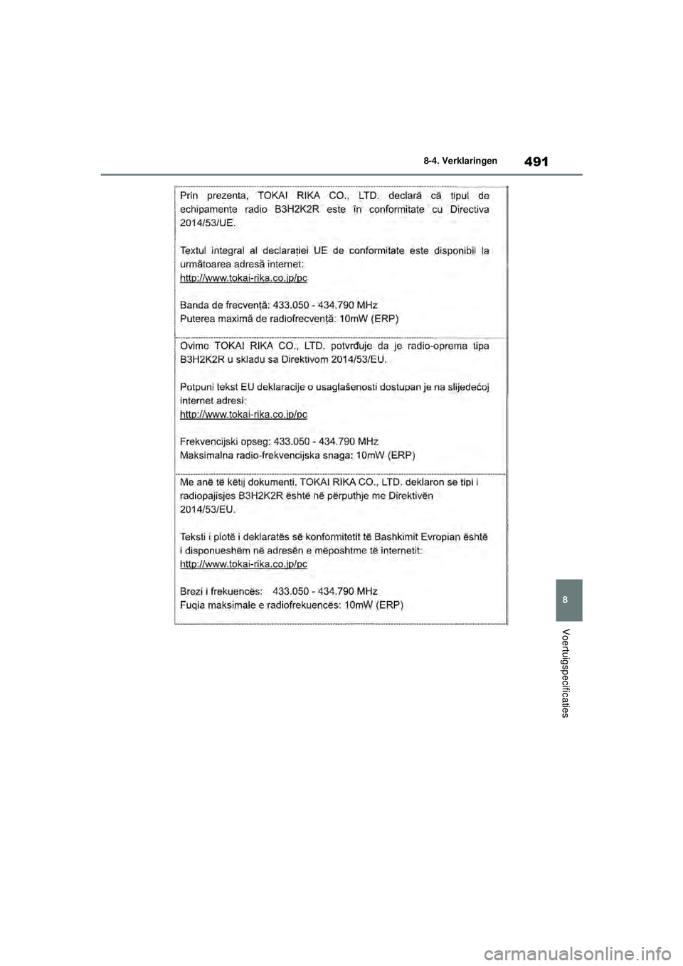 TOYOTA YARIS HATCHBACK 2021  Instructieboekje (in Dutch) 491
8
YARIS(HB) handleiding_Europa_MK0001_nl
8-4. Verklaringen
Voertuigspecificaties
YARIS(HB)_OM_Europe_OMK0001E.book  Page 491  Thursday, March 12, 2020  9:10 AM 