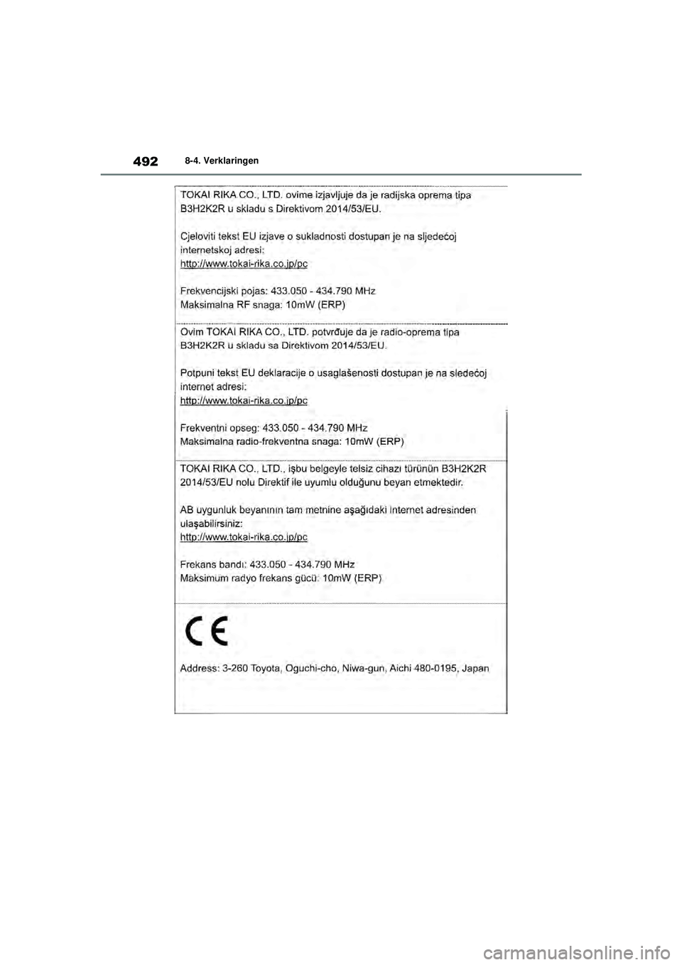 TOYOTA YARIS HATCHBACK 2021  Instructieboekje (in Dutch) 492
YARIS(HB) handleiding_Europa_MK0001_nl
8-4. Verklaringen
YARIS(HB)_OM_Europe_OMK0001E.book  Page 492  Thursday, March 12, 2020  9:10 AM 