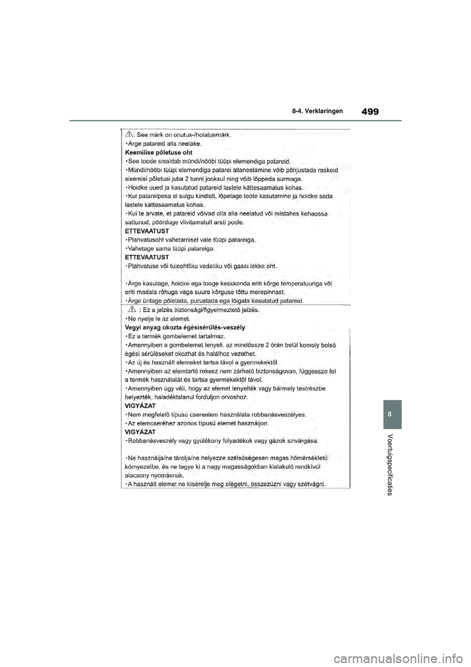 TOYOTA YARIS HATCHBACK 2021  Instructieboekje (in Dutch) 499
8
YARIS(HB) handleiding_Europa_MK0001_nl
8-4. Verklaringen
Voertuigspecificaties
YARIS(HB)_OM_Europe_OMK0001E.book  Page 499  Thursday, March 12, 2020  9:10 AM 