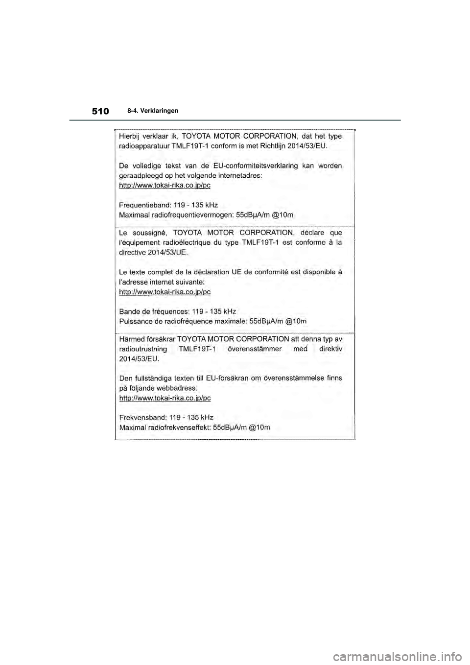 TOYOTA YARIS HATCHBACK 2021  Instructieboekje (in Dutch) 510
YARIS(HB) handleiding_Europa_MK0001_nl
8-4. Verklaringen
YARIS(HB)_OM_Europe_OMK0001E.book  Page 510  Thursday, March 12, 2020  9:10 AM 