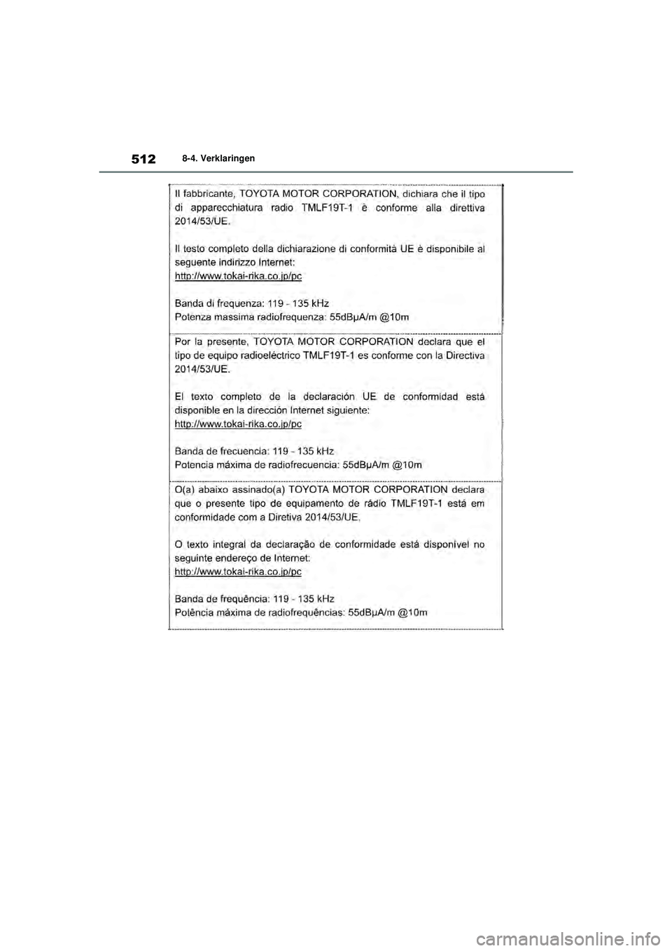 TOYOTA YARIS HATCHBACK 2021  Instructieboekje (in Dutch) 512
YARIS(HB) handleiding_Europa_MK0001_nl
8-4. Verklaringen
YARIS(HB)_OM_Europe_OMK0001E.book  Page 512  Thursday, March 12, 2020  9:10 AM 