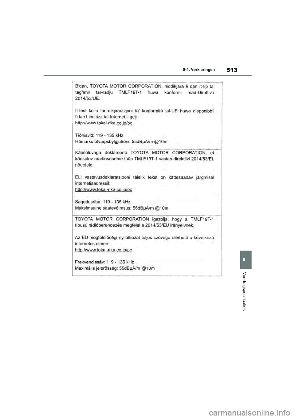 TOYOTA YARIS HATCHBACK 2021  Instructieboekje (in Dutch) 513
8
YARIS(HB) handleiding_Europa_MK0001_nl
8-4. Verklaringen
Voertuigspecificaties
YARIS(HB)_OM_Europe_OMK0001E.book  Page 513  Thursday, March 12, 2020  9:10 AM 