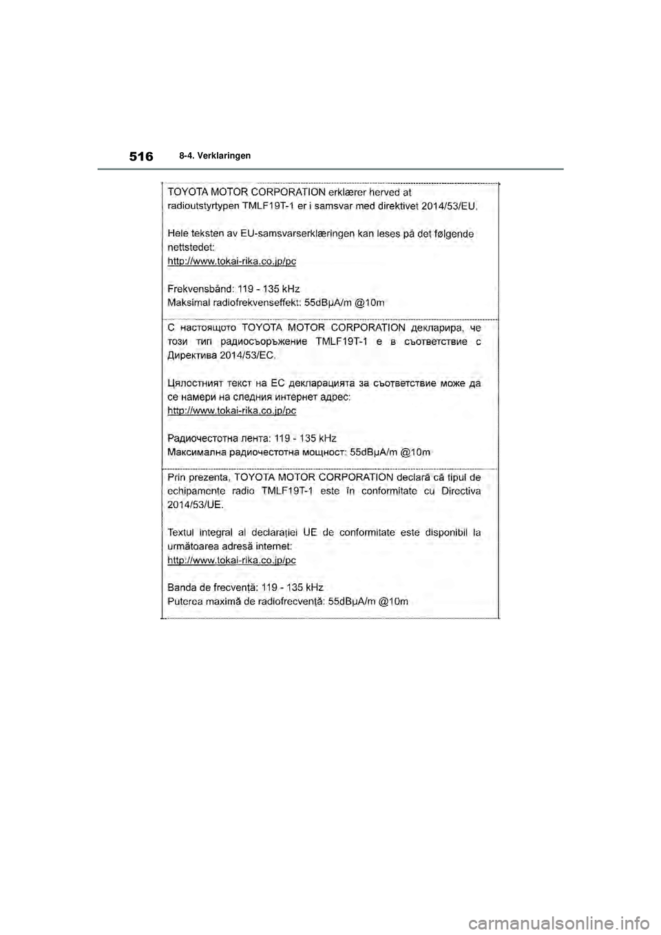 TOYOTA YARIS HATCHBACK 2021  Instructieboekje (in Dutch) 516
YARIS(HB) handleiding_Europa_MK0001_nl
8-4. Verklaringen
YARIS(HB)_OM_Europe_OMK0001E.book  Page 516  Thursday, March 12, 2020  9:10 AM 