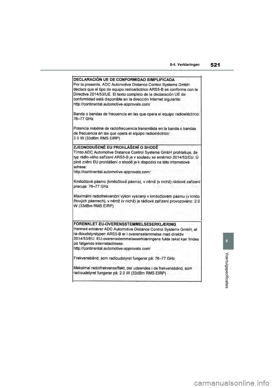 TOYOTA YARIS HATCHBACK 2021  Instructieboekje (in Dutch) 521
8
YARIS(HB) handleiding_Europa_MK0001_nl
8-4. Verklaringen
Voertuigspecificaties
YARIS(HB)_OM_Europe_OMK0001E.book  Page 521  Thursday, March 12, 2020  9:10 AM 