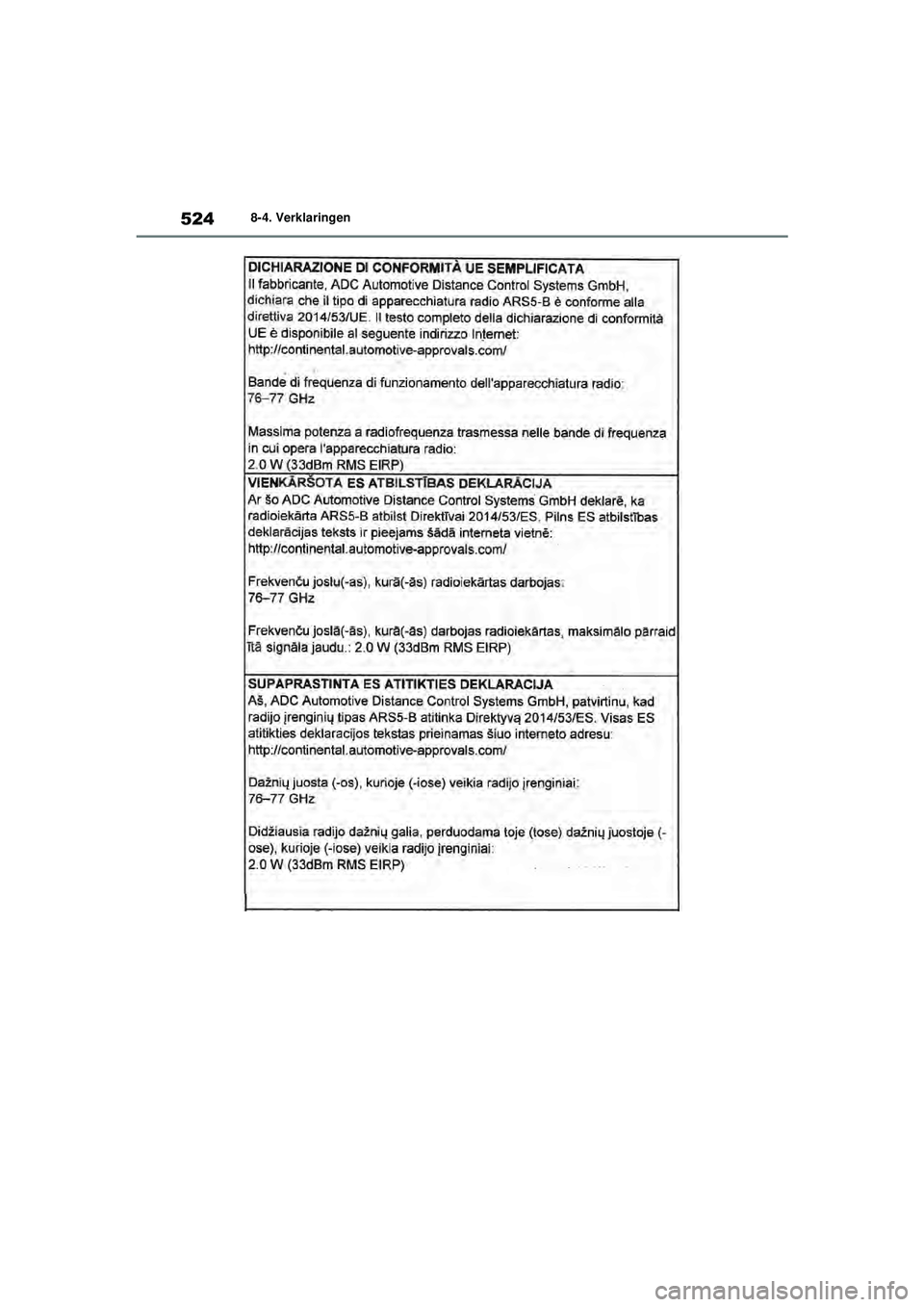 TOYOTA YARIS HATCHBACK 2021  Instructieboekje (in Dutch) 524
YARIS(HB) handleiding_Europa_MK0001_nl
8-4. Verklaringen
YARIS(HB)_OM_Europe_OMK0001E.book  Page 524  Thursday, March 12, 2020  9:10 AM 