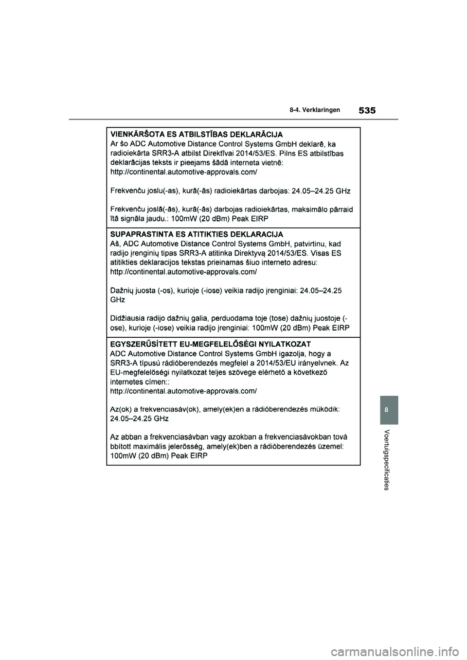 TOYOTA YARIS HATCHBACK 2021  Instructieboekje (in Dutch) 535
8
YARIS(HB) handleiding_Europa_MK0001_nl
8-4. Verklaringen
Voertuigspecificaties
YARIS(HB)_OM_Europe_OMK0001E.book  Page 535  Thursday, March 12, 2020  9:10 AM 