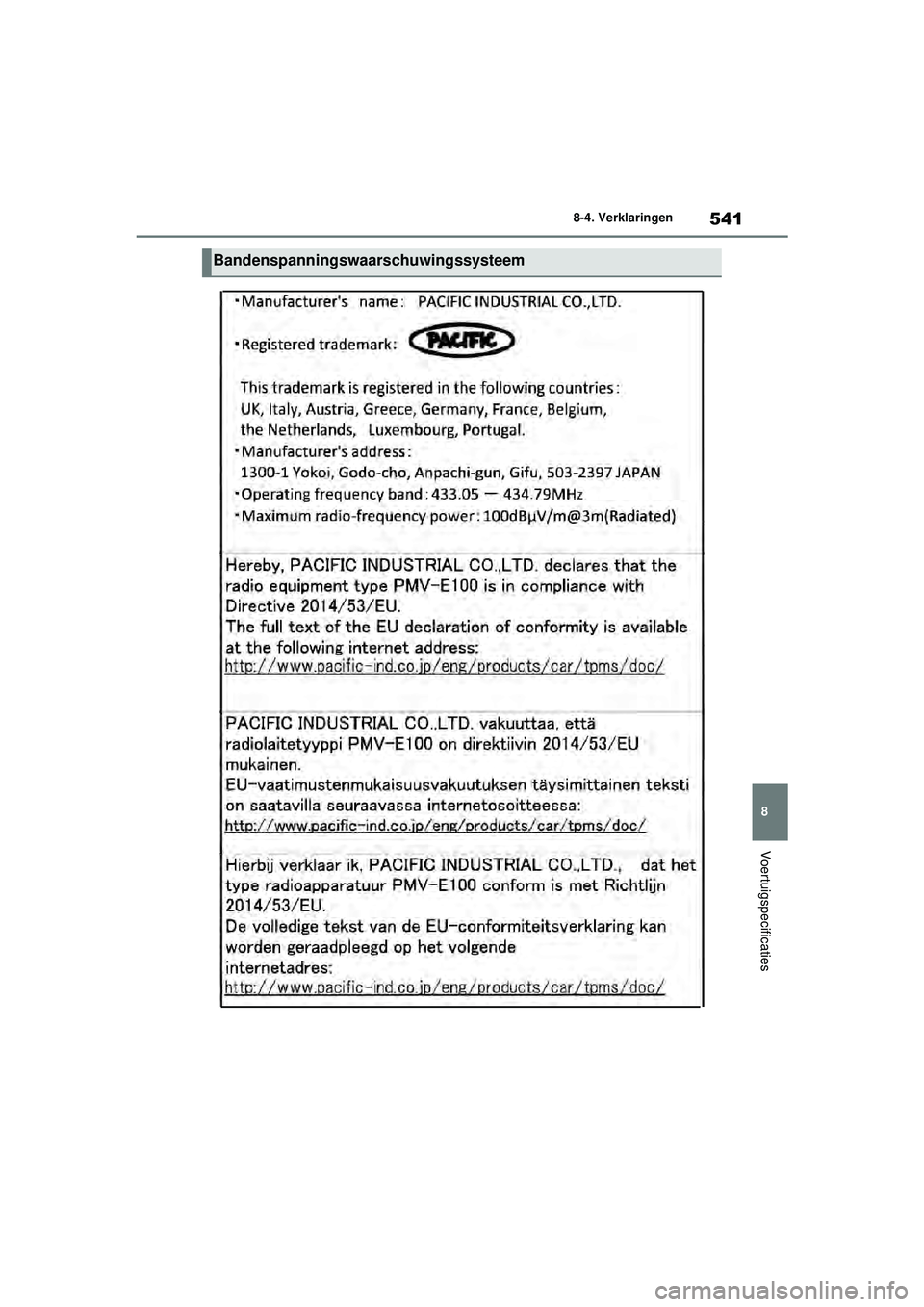 TOYOTA YARIS HATCHBACK 2021  Instructieboekje (in Dutch) 541
8
YARIS(HB) handleiding_Europa_MK0001_nl
8-4. Verklaringen
Voertuigspecificaties
Bandenspanningswaarschuwingssysteem
YARIS(HB)_OM_Europe_OMK0001E.book  Page 541  Thursday, March 12, 2020  9:10 AM 