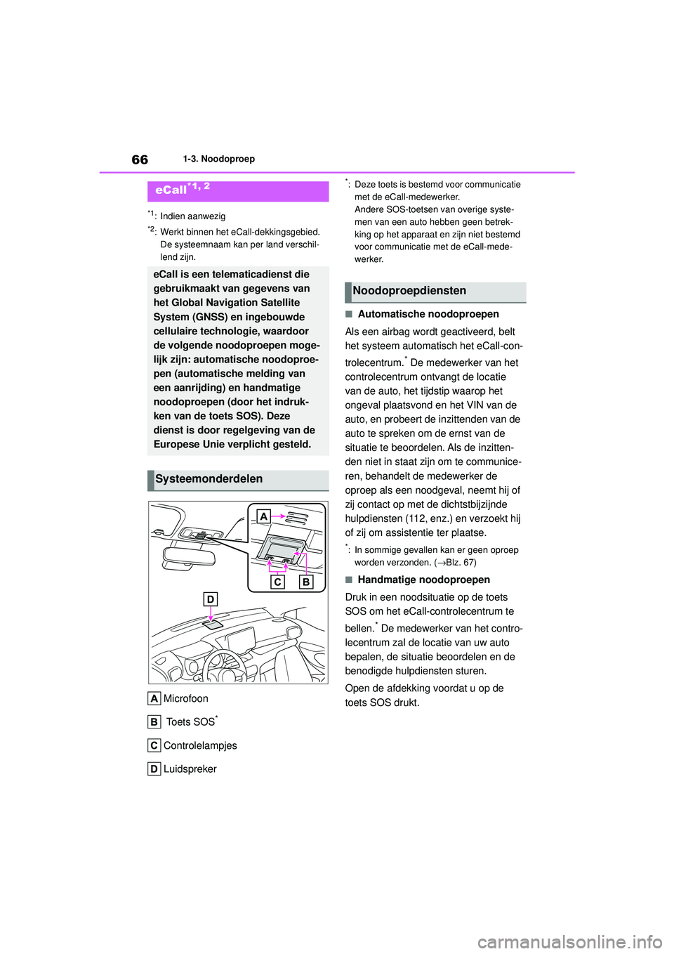 TOYOTA YARIS HATCHBACK 2021  Instructieboekje (in Dutch) 66
YARIS(HB) handleiding_Europa_MK0001_nl
1-3. Noodoproep
1-3.Noodoproep
*1: Indien aanwezig
*2: Werkt binnen het eCall-dekkingsgebied. De systeemnaam kan per land verschil-
lend zijn.
Microfoon
 Toet