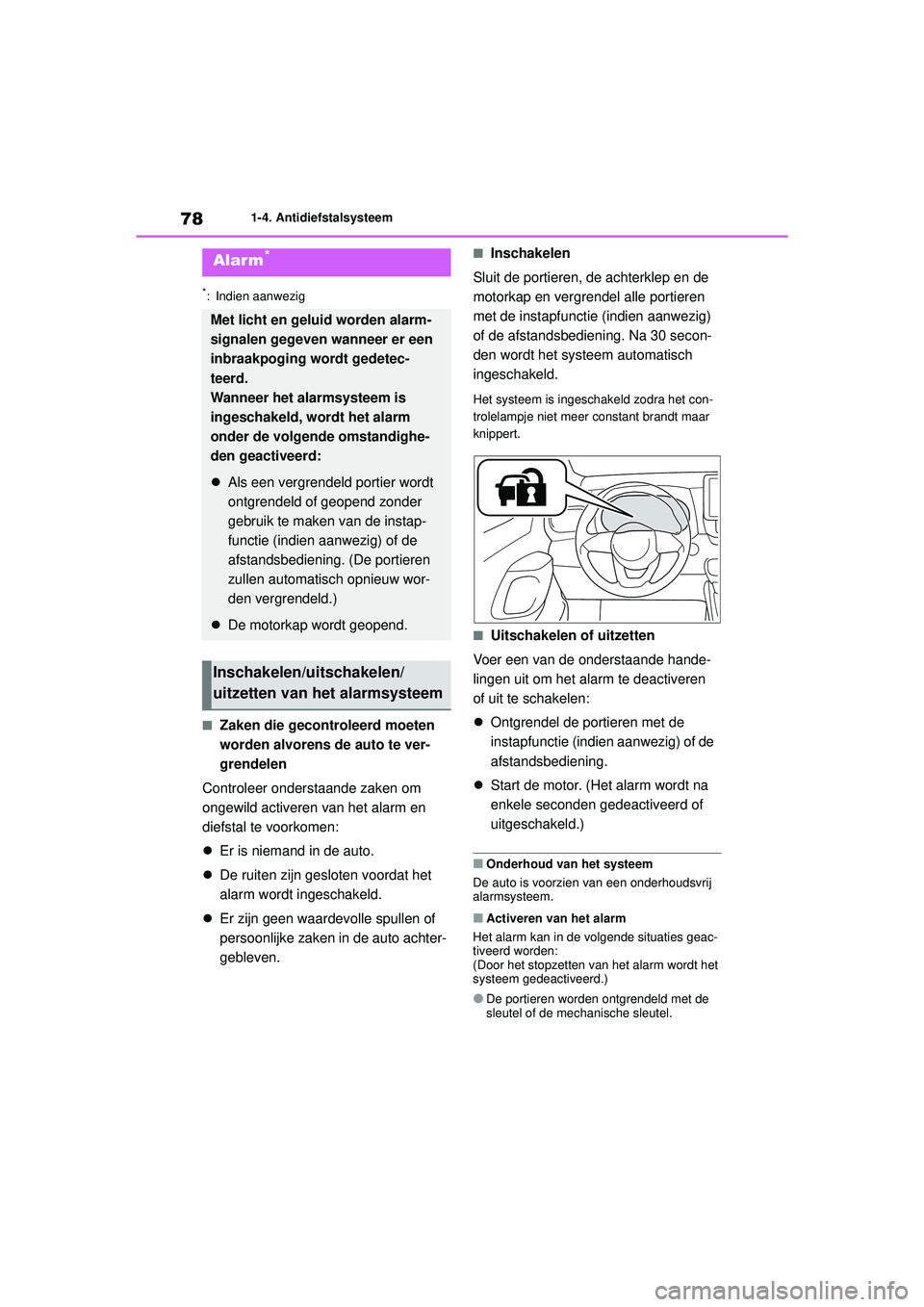 TOYOTA YARIS HATCHBACK 2021 Instructieboekje (in Dutch) 78
YARIS(HB) handleiding_Europa_MK0001_nl
1-4. Antidiefstalsysteem
*: Indien aanwezig
■Zaken die gecontroleerd moeten
worden alvorens de auto te ver-
grendelen
Controleer onderstaande zaken om
ong TOYOTA YARIS HATCHBACK 2021 Instructieboekje (in Dutch) 78
YARIS(HB) handleiding_Europa_MK0001_nl
1-4. Antidiefstalsysteem
*: Indien aanwezig
■Zaken die gecontroleerd moeten
worden alvorens de auto te ver-
grendelen
Controleer onderstaande zaken om
ong