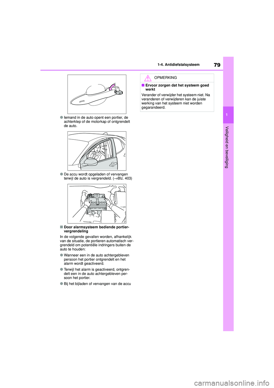 TOYOTA YARIS HATCHBACK 2021  Instructieboekje (in Dutch) 79
1
YARIS(HB) handleiding_Europa_MK0001_nl
1-4. Antidiefstalsysteem
Veiligheid en beveiliging
●Iemand in de auto opent een portier, de 
achterklep of de motorkap of ontgrendelt 
de auto.
●De accu