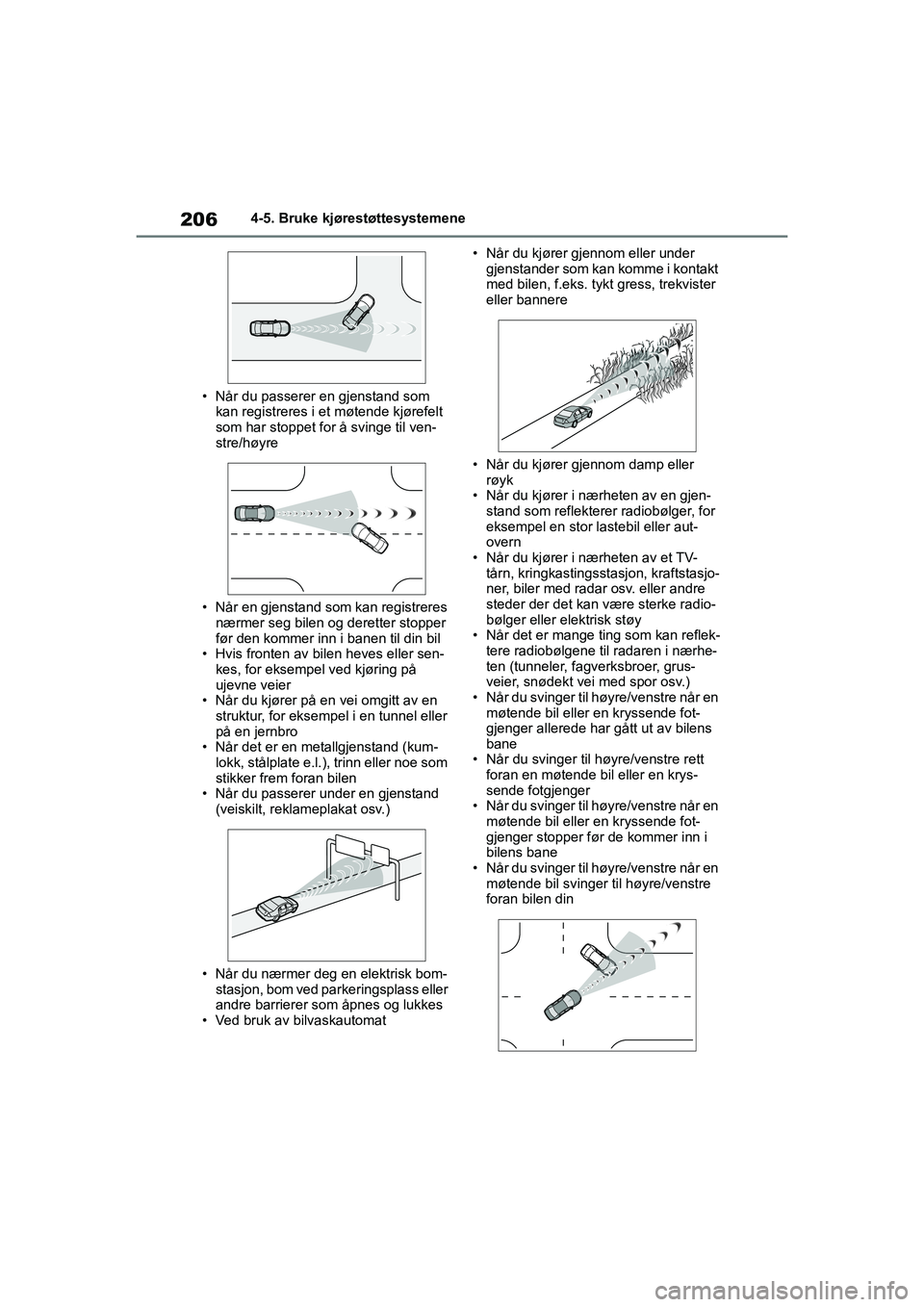 TOYOTA YARIS HATCHBACK 2021  Instruksjoner for bruk (in Norwegian) 206
YARIS HV OMK0010NO
4-5. Bruke kjørestøttesystemene
• Når du passerer en gjenstand som  kan registreres i et møtende kjørefelt 
som har stoppet for å svinge til ven-
stre/høyre
• Når en