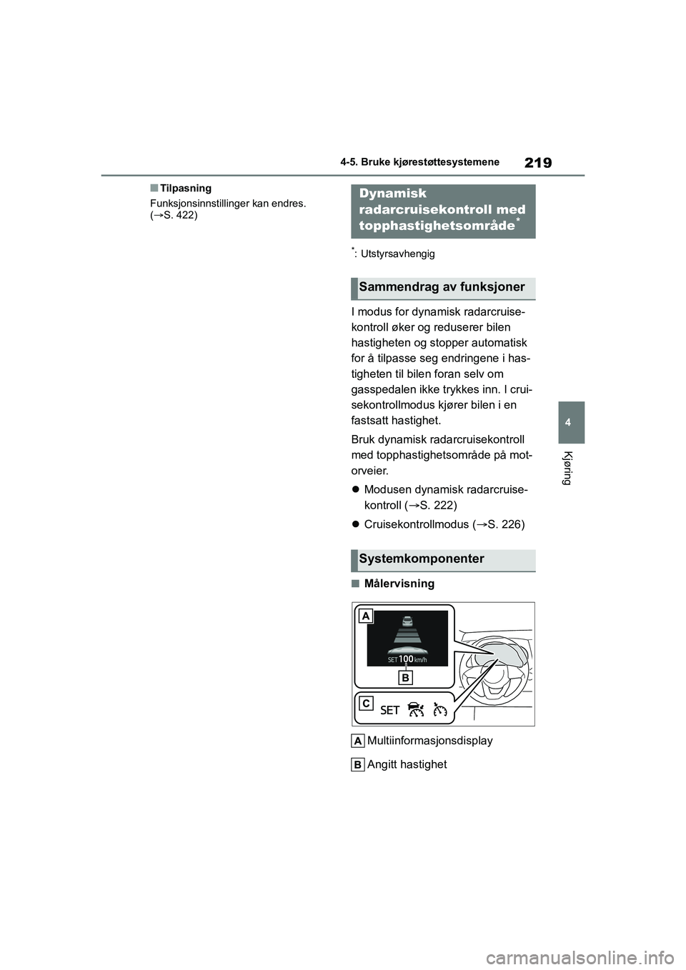 TOYOTA YARIS HATCHBACK 2021 Instruksjoner for bruk (in Norwegian) 219
4
YARIS HV OMK0010NO
4-5. Bruke kjørestøttesystemene
Kjøring
nTilpasning
Funksjonsinnstillinger kan endres.
(S. 422)
*: Utstyrsavhengig
I modus for dynamisk radarcruise-
kontroll øker og r TOYOTA YARIS HATCHBACK 2021 Instruksjoner for bruk (in Norwegian) 219
4
YARIS HV OMK0010NO
4-5. Bruke kjørestøttesystemene
Kjøring
nTilpasning
Funksjonsinnstillinger kan endres.
(S. 422)
*: Utstyrsavhengig
I modus for dynamisk radarcruise-
kontroll øker og r