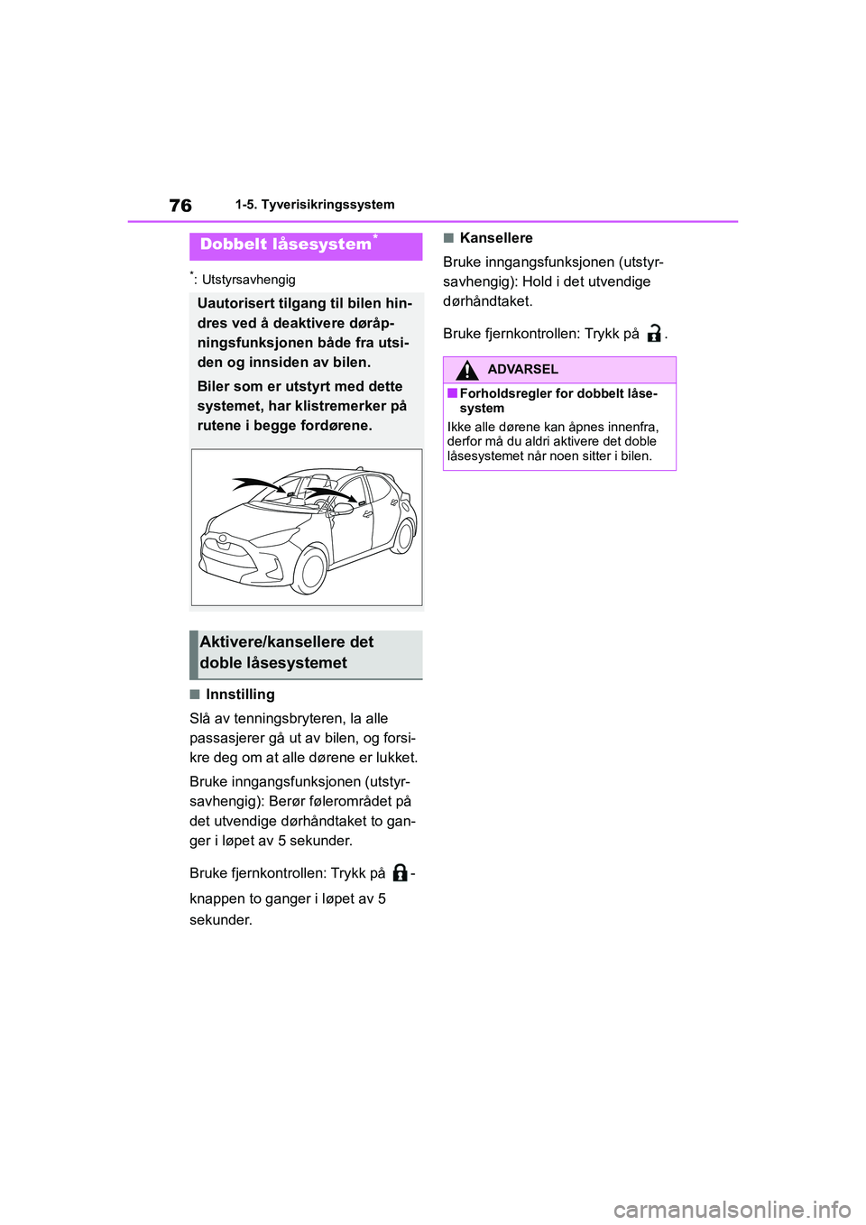 TOYOTA YARIS HATCHBACK 2021 Instruksjoner for bruk (in Norwegian) 76
YARIS HV OMK0010NO
1-5. Tyverisikringssystem
*: Utstyrsavhengig
nInnstilling
Slå av tenningsbryteren, la alle
passasjerer gå ut av bilen, og forsi-
kre deg om at alle dørene er lukket.
Bruke in TOYOTA YARIS HATCHBACK 2021 Instruksjoner for bruk (in Norwegian) 76
YARIS HV OMK0010NO
1-5. Tyverisikringssystem
*: Utstyrsavhengig
nInnstilling
Slå av tenningsbryteren, la alle
passasjerer gå ut av bilen, og forsi-
kre deg om at alle dørene er lukket.
Bruke in