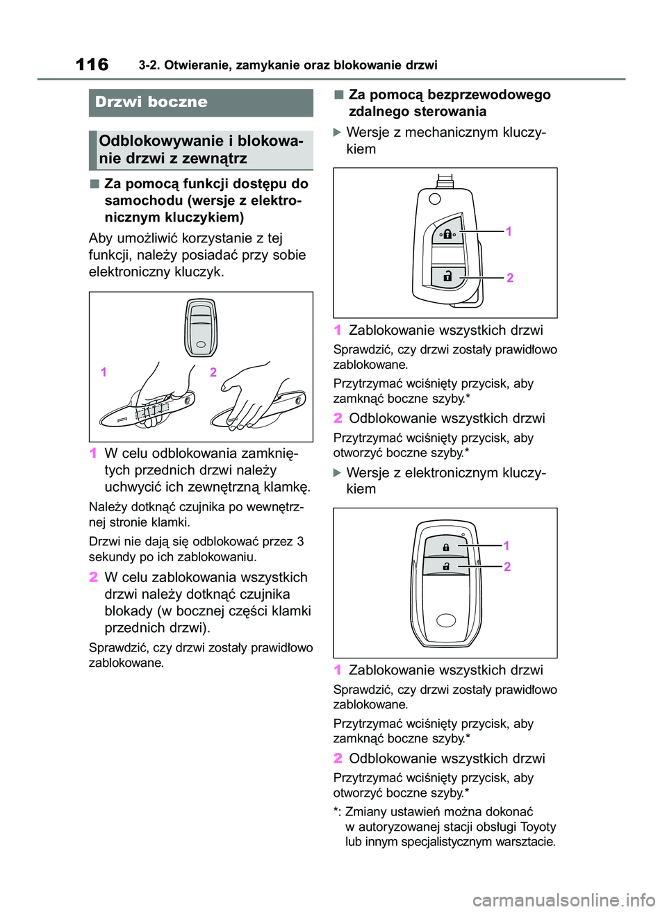 TOYOTA YARIS HATCHBACK 2021  Instrukcja obsługi (in Polish) Za pomocà funkcji dost´pu do
samochodu (wersje z elektro-
nicznym kluczykiem)
Aby umo˝liwiç korzystanie z tej
funkcji, nale˝y posiadaç przy sobie
elektroniczny kluczyk.
1W celu odblokowania zamk
