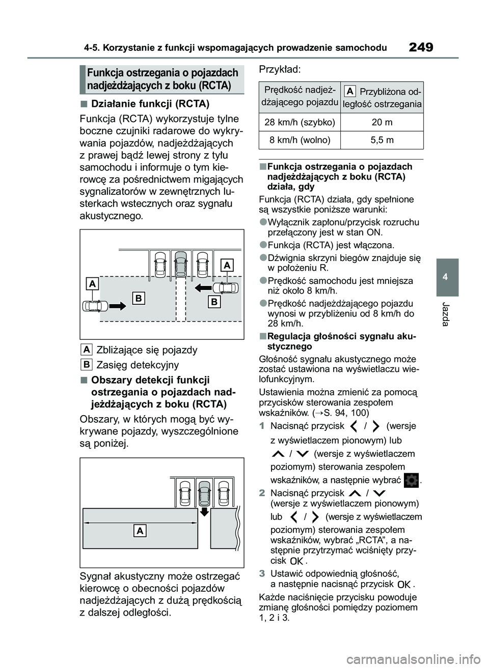 TOYOTA YARIS HATCHBACK 2021  Instrukcja obsługi (in Polish) Dzia∏anie funkcji (RCTA)
Funkcja (RCTA) wykorzystuje tylne
boczne czujniki radarowe do wykry-
wania pojazdów, nadje˝d˝ajàcych
z prawej bàdê lewej strony z ty∏u
samochodu i informuje o tym ki