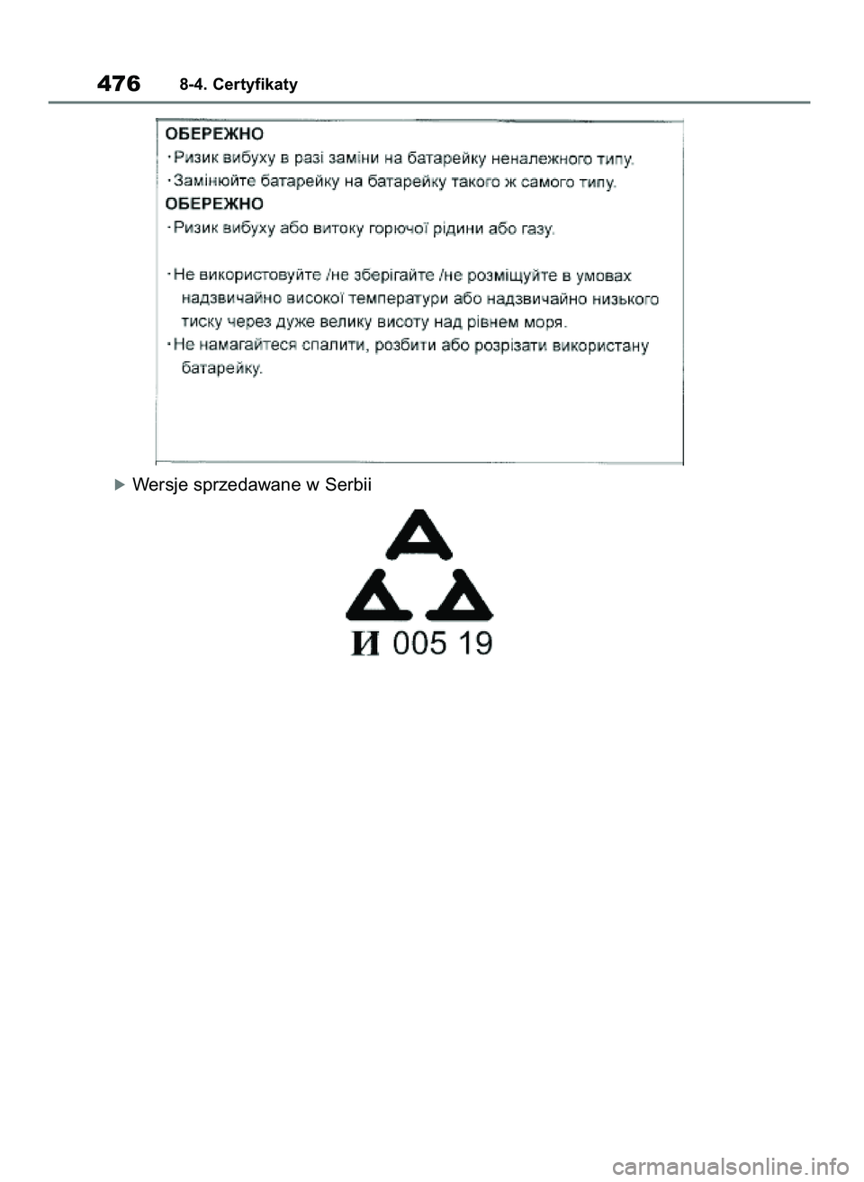 TOYOTA YARIS HATCHBACK 2021  Instrukcja obsługi (in Polish) óWersje sprzedawane w Serbii
4768-4. Certyfikaty
31 YARIS OMK0001E v2  9/6/20  10:09  Page 476  TOYOTA YARIS HATCHBACK 2021  Instrukcja obsługi (in Polish) óWersje sprzedawane w Serbii
4768-4. Certyfikaty
31 YARIS OMK0001E v2  9/6/20  10:09  Page 476