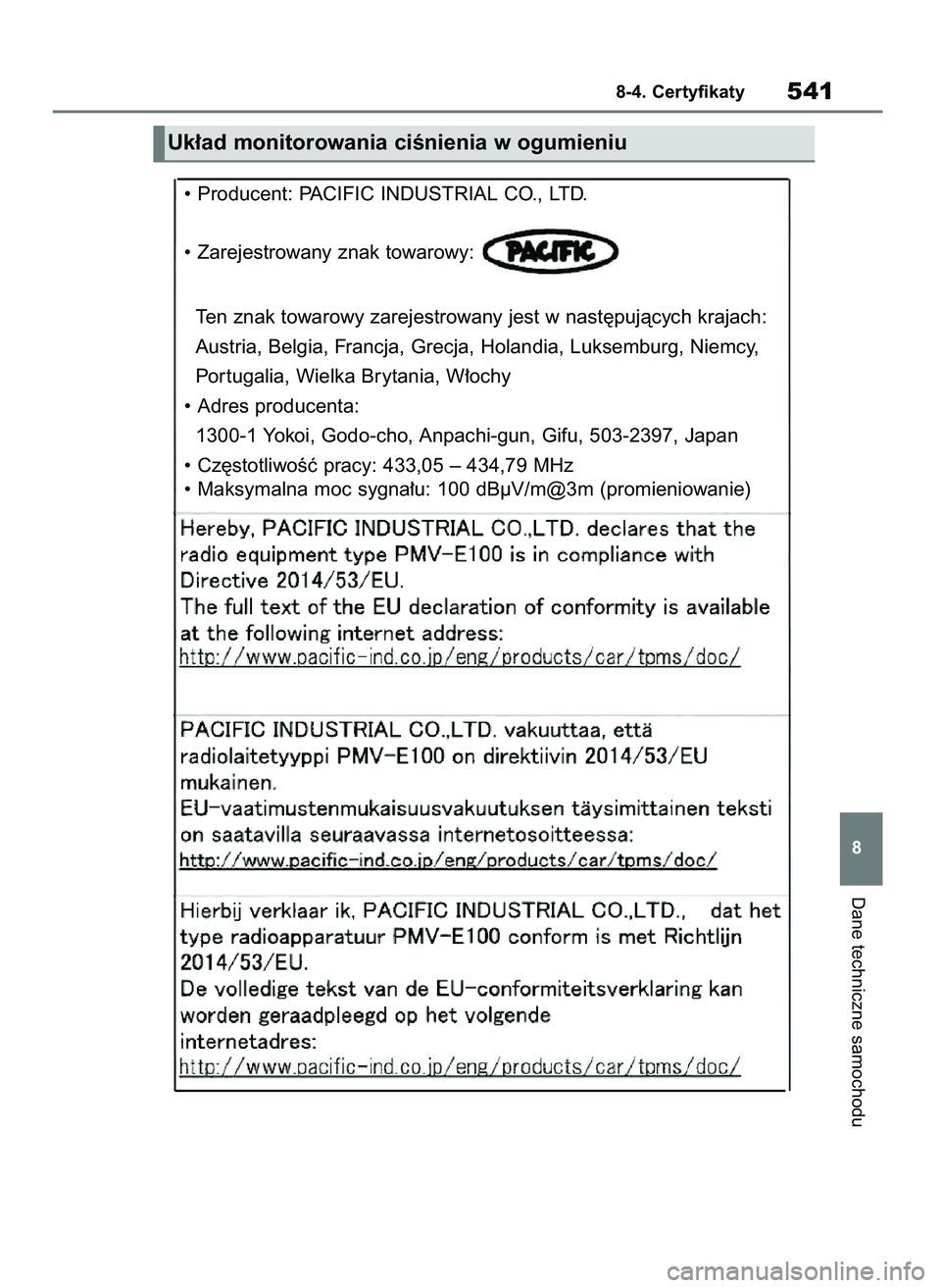 TOYOTA YARIS HATCHBACK 2021  Instrukcja obsługi (in Polish) Dane techniczne samochodu
8-4. Certyfikaty541
8
Uk∏ad monitorowania ciÊnienia w ogumieniu
• Producent: PACIFIC INDUSTRIAL CO., LTD.
• Zarejestrowany znak towarowy:
Ten znak towarowy zarejestrow
