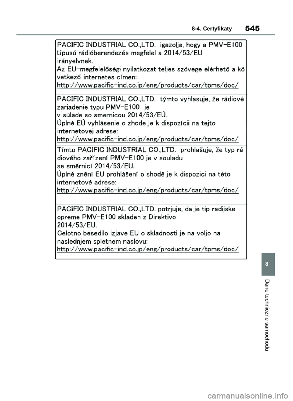 TOYOTA YARIS HATCHBACK 2021  Instrukcja obsługi (in Polish) Dane techniczne samochodu
8-4. Certyfikaty545
8
31 YARIS OMK0001E v2  9/6/20  10:10  Page 545 
