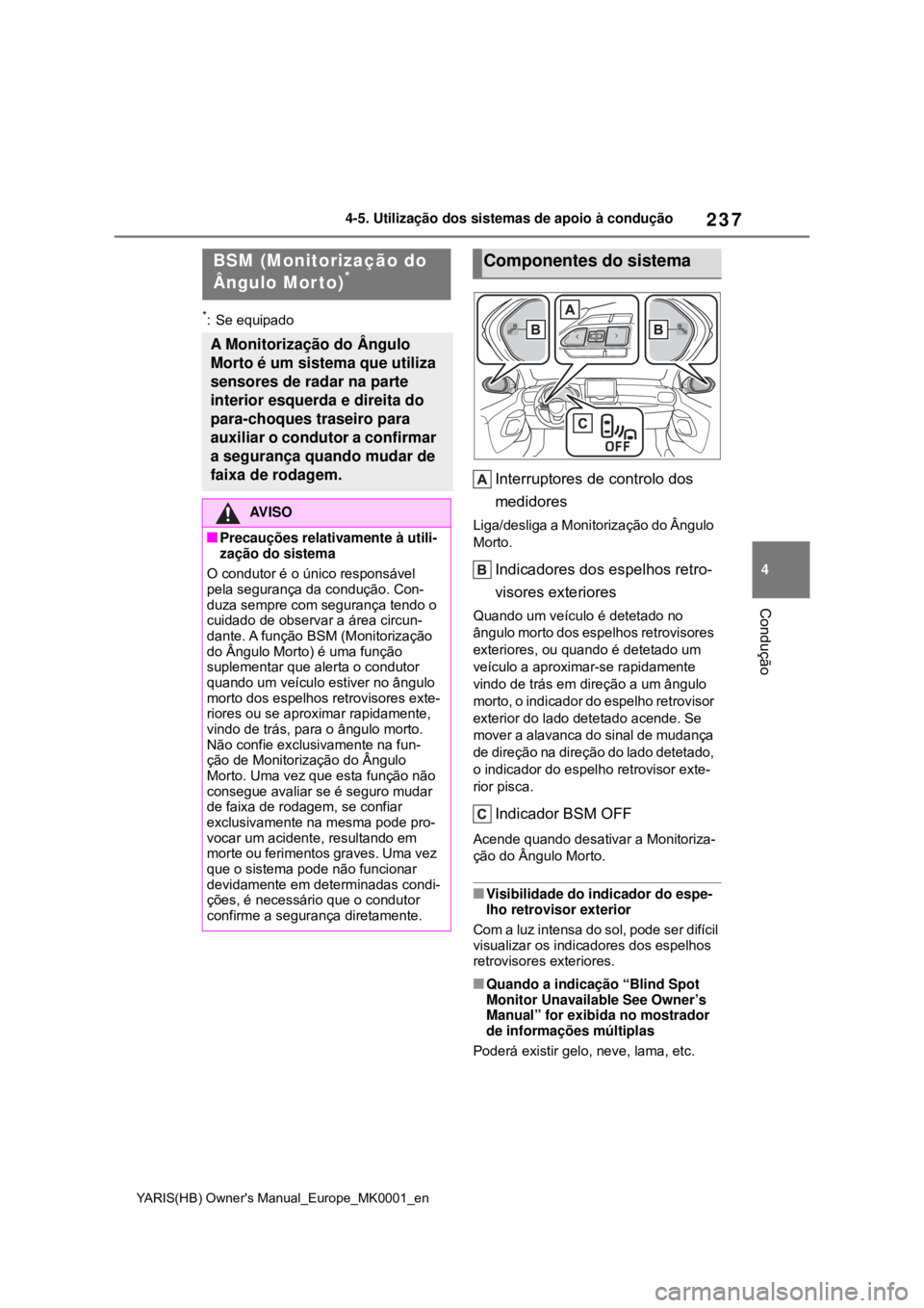 TOYOTA YARIS HATCHBACK 2021 Manual de utilização (in Portuguese) 237
4
YARIS(HB) Owners Manual_Europe_MK0001_en
4-5. Utilização dos sistemas de apoio à condução
Condução
*: Se equipado
Interruptores de controlo dos
medidores
Liga/desliga a Monitorização TOYOTA YARIS HATCHBACK 2021 Manual de utilização (in Portuguese) 237
4
YARIS(HB) Owners Manual_Europe_MK0001_en
4-5. Utilização dos sistemas de apoio à condução
Condução
*: Se equipado
Interruptores de controlo dos
medidores
Liga/desliga a Monitorização