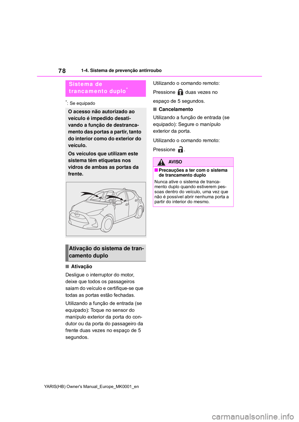 TOYOTA YARIS HATCHBACK 2021 Manual de utilização (in Portuguese) 78
YARIS(HB) Owners Manual_Europe_MK0001_en
1-4. Sistema de prevenção antirroubo
*: Se equipado
Ativação
Desligue o interruptor do motor,
deixe que todos os passageiros
saiam do veículo e c TOYOTA YARIS HATCHBACK 2021 Manual de utilização (in Portuguese) 78
YARIS(HB) Owners Manual_Europe_MK0001_en
1-4. Sistema de prevenção antirroubo
*: Se equipado
Ativação
Desligue o interruptor do motor,
deixe que todos os passageiros
saiam do veículo e c