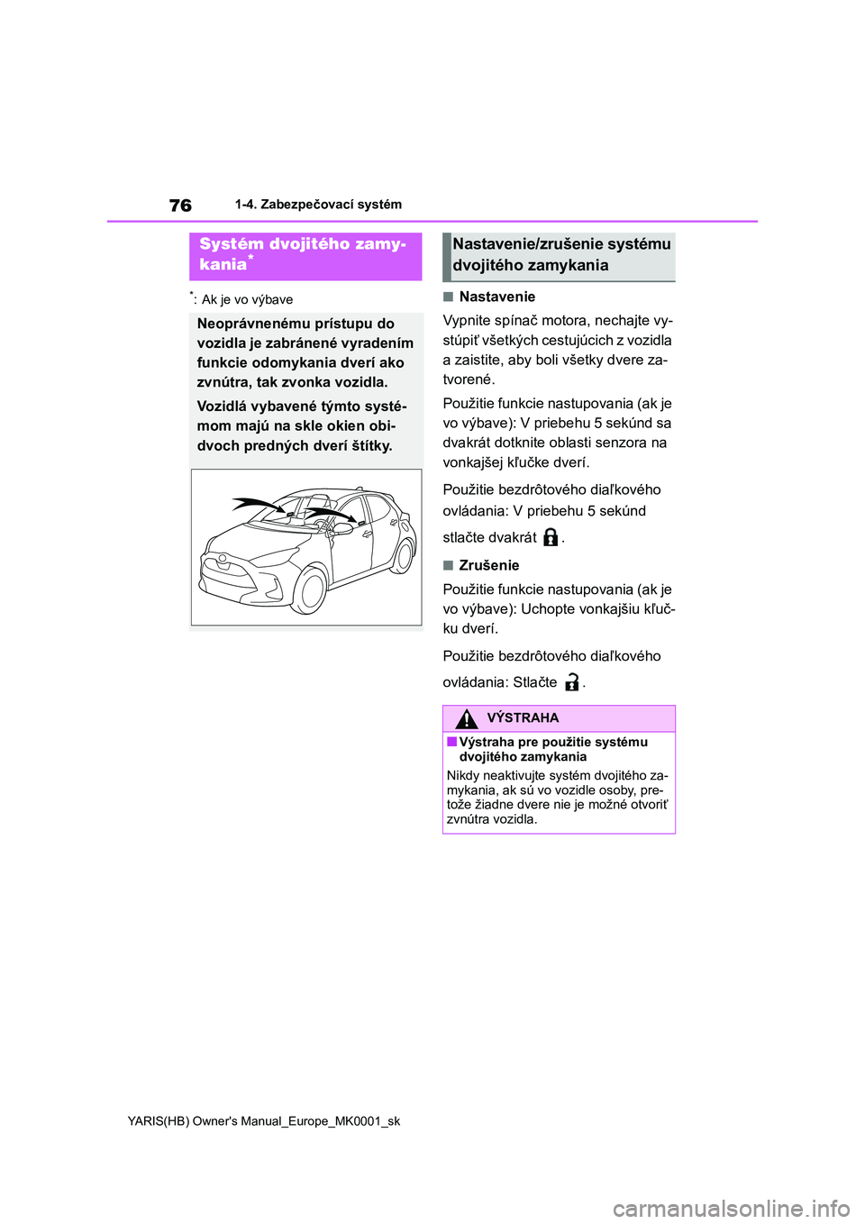 TOYOTA YARIS HATCHBACK 2021  Návod na použitie (in Slovakian) 76
YARIS(HB) Owner's Manual_Europe_MK0001_sk
1-4. Zabezpečovací systém
*: Ak je vo výbave■Nastavenie 
Vypnite spínač moto ra, nechajte vy- 
stúpiť všetkých cestujúcich z vozidla 
a za