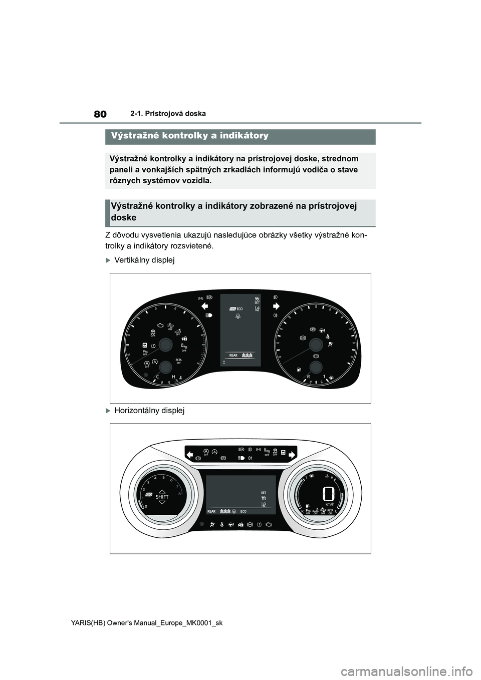 TOYOTA YARIS HATCHBACK 2021  Návod na použitie (in Slovakian) 80
YARIS(HB) Owner's Manual_Europe_MK0001_sk
2-1. Prístrojová doska
2-1.Prístrojová doska
Z dôvodu vysvetlenia ukazujú nasledujúce obrázky všetky výstražné kon- 
trolky a indikátory r