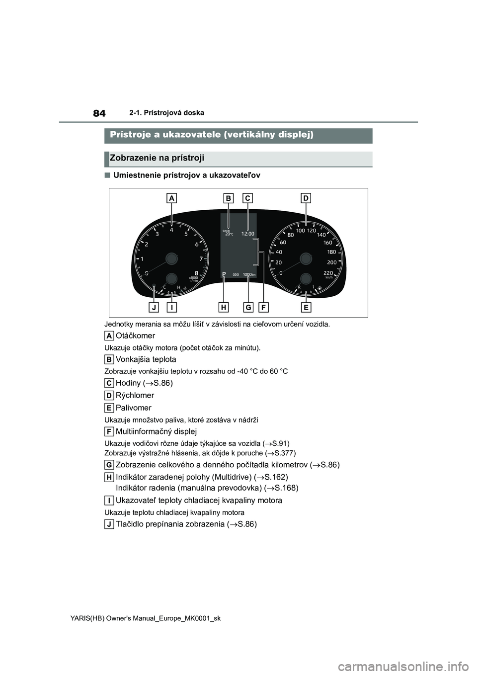 TOYOTA YARIS HATCHBACK 2021  Návod na použitie (in Slovakian) 84
YARIS(HB) Owner's Manual_Europe_MK0001_sk
2-1. Prístrojová doska
■Umiestnenie prístrojov a ukazovateľov
Jednotky merania sa môžu líšiť v závislosti na cieľovom určení vozidla.
Ot