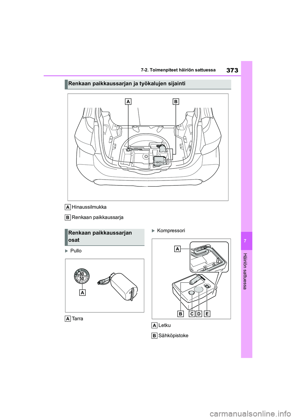 TOYOTA YARIS HATCHBACK 2021 Omistajan Käsikirja (in Finnish) 373
7
YARIS OMK0001FI
7-2. Toimenpiteet häiriön sattuessa
Häiriön sattuessa
Hinaussilmukka
Renkaan paikkaussarja
PulloTa r r a
Kompressori
Letku
Sähköpistoke
Renkaan paikkaussarjan ja työ TOYOTA YARIS HATCHBACK 2021 Omistajan Käsikirja (in Finnish) 373
7
YARIS OMK0001FI
7-2. Toimenpiteet häiriön sattuessa
Häiriön sattuessa
Hinaussilmukka
Renkaan paikkaussarja
PulloTa r r a
Kompressori
Letku
Sähköpistoke
Renkaan paikkaussarjan ja työ