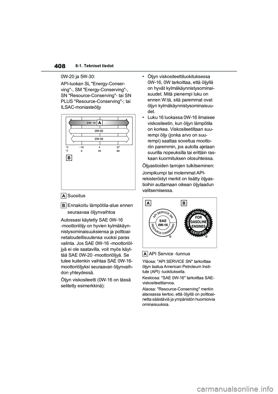 TOYOTA YARIS HATCHBACK 2021 Omistajan Käsikirja (in Finnish) 408
YARIS OMK0001FI
8-1. Tekniset tiedot
0W-20 ja 5W-30:
API-luokan SL "Energy-Conser-
ving"-, SM "Energy-Conserving"-,
SN "Resource-Conserving"- tai SN
PLUS "Resource-Conserving"-; tai
ILSAC-monia TOYOTA YARIS HATCHBACK 2021 Omistajan Käsikirja (in Finnish) 408
YARIS OMK0001FI
8-1. Tekniset tiedot
0W-20 ja 5W-30:
API-luokan SL "Energy-Conser-
ving"-, SM "Energy-Conserving"-,
SN "Resource-Conserving"- tai SN
PLUS "Resource-Conserving"-; tai
ILSAC-monia