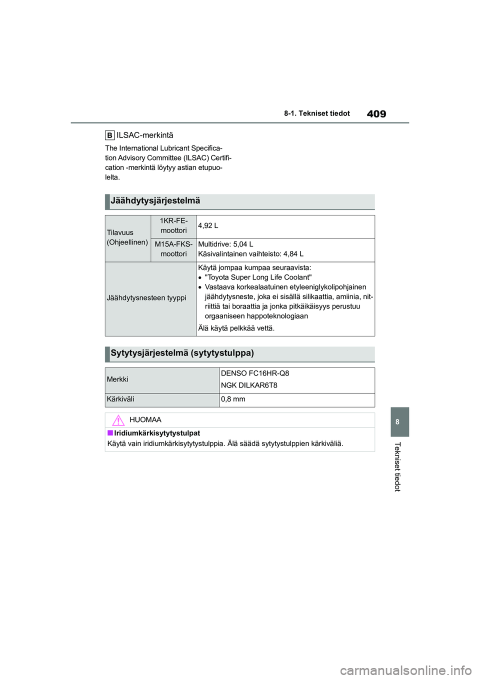 TOYOTA YARIS HATCHBACK 2021 Omistajan Käsikirja (in Finnish) 409
8
YARIS OMK0001FI
8-1. Tekniset tiedot
Tekniset tiedot
ILSAC-merkintä
The International Lubricant Specifica-
tion Advisory Committee (ILSAC) Certifi-
cation -merkintä löytyy astian etupuo-
lelt TOYOTA YARIS HATCHBACK 2021 Omistajan Käsikirja (in Finnish) 409
8
YARIS OMK0001FI
8-1. Tekniset tiedot
Tekniset tiedot
ILSAC-merkintä
The International Lubricant Specifica-
tion Advisory Committee (ILSAC) Certifi-
cation -merkintä löytyy astian etupuo-
lelt