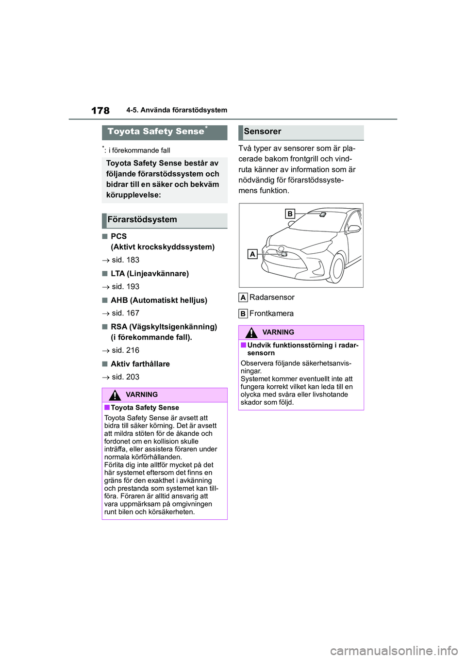 TOYOTA YARIS HATCHBACK 2021 Bruksanvisningar (in Swedish) 178
YARIS F OMK0001SE
4-5. Använda förarstödsystem
4-5.Använda förarstödsystem
*: i förekommande fall
nPCS
(Aktivt krockskyddssystem)
sid. 183
nLTA (Linjeavkännare)
sid. 193
nAHB (Aut TOYOTA YARIS HATCHBACK 2021 Bruksanvisningar (in Swedish) 178
YARIS F OMK0001SE
4-5. Använda förarstödsystem
4-5.Använda förarstödsystem
*: i förekommande fall
nPCS
(Aktivt krockskyddssystem)
sid. 183
nLTA (Linjeavkännare)
sid. 193
nAHB (Aut