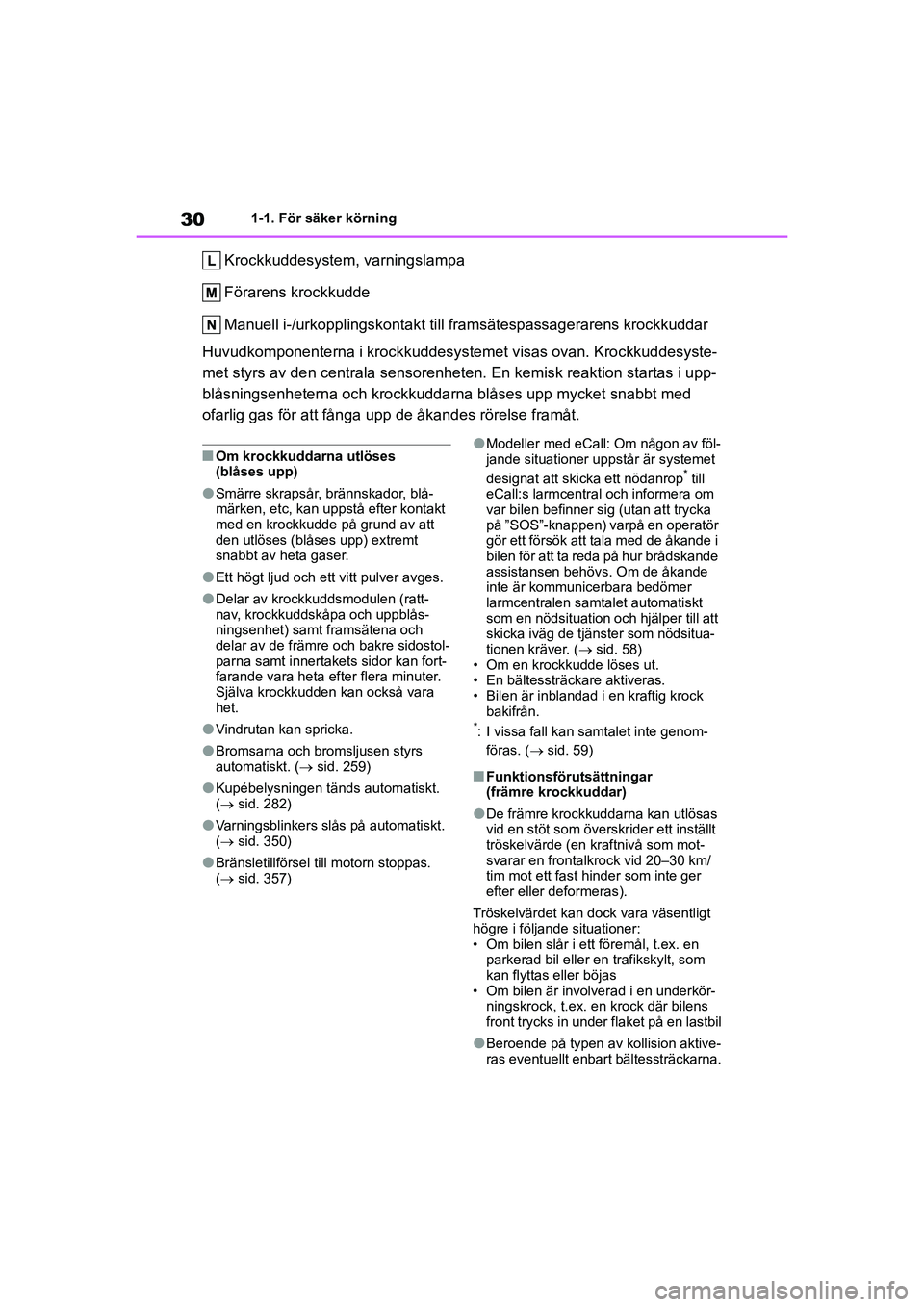 TOYOTA YARIS HATCHBACK 2021 Bruksanvisningar (in Swedish) 30
YARIS F OMK0001SE
1-1. För säker körning
Krockkuddesystem, varningslampa
Förarens krockkudde
Manuell i-/urkopplingskontakt till framsätespassagerarens krockkuddar
Huvudkomponenterna i krockkud TOYOTA YARIS HATCHBACK 2021 Bruksanvisningar (in Swedish) 30
YARIS F OMK0001SE
1-1. För säker körning
Krockkuddesystem, varningslampa
Förarens krockkudde
Manuell i-/urkopplingskontakt till framsätespassagerarens krockkuddar
Huvudkomponenterna i krockkud