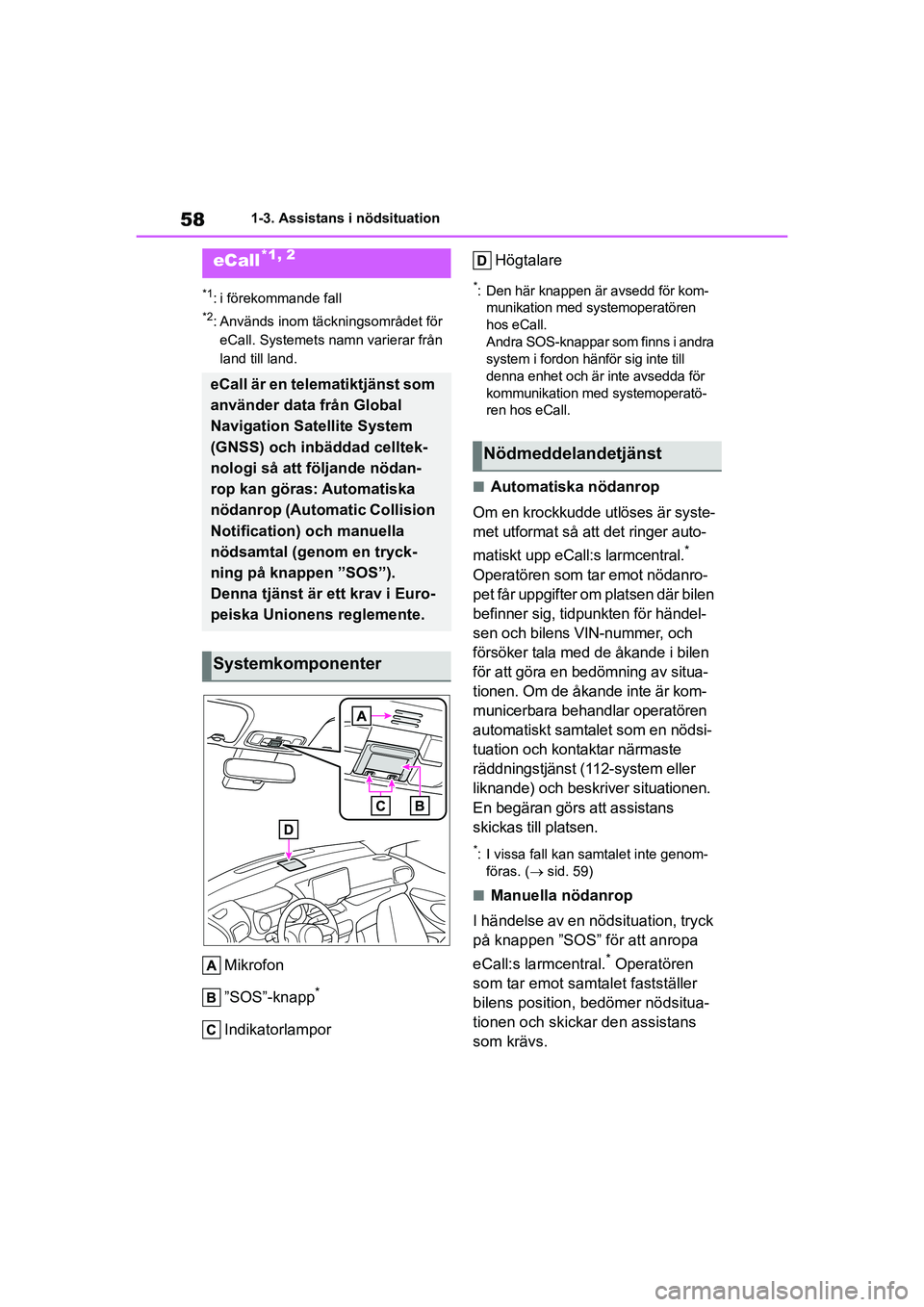 TOYOTA YARIS HATCHBACK 2021 Bruksanvisningar (in Swedish) 58
YARIS F OMK0001SE
1-3. Assistans i nödsituation
1-3.Assistans i nödsituation
*1: i förekommande fall
*2: Används inom täckningsområdet för eCall. Systemets namn varierar från
land till lan TOYOTA YARIS HATCHBACK 2021 Bruksanvisningar (in Swedish) 58
YARIS F OMK0001SE
1-3. Assistans i nödsituation
1-3.Assistans i nödsituation
*1: i förekommande fall
*2: Används inom täckningsområdet för eCall. Systemets namn varierar från
land till lan
