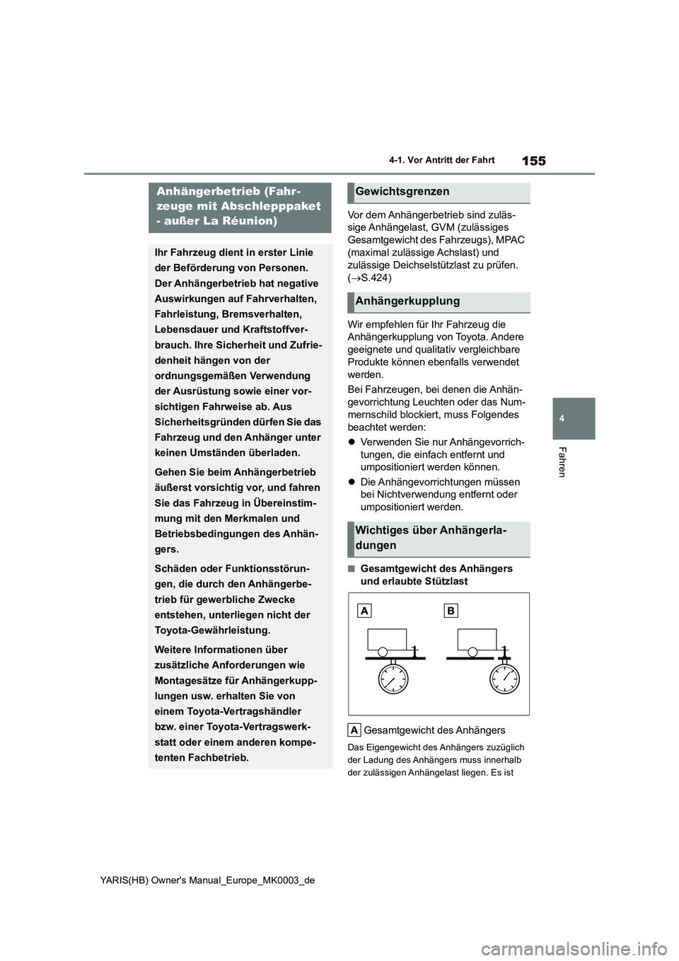 TOYOTA YARIS HATCHBACK 2020 Betriebsanleitungen (in German) 155
4
YARIS(HB) Owner's Manual_Europe_MK0003_de
4-1. Vor Antritt der Fahrt
Fahren
Vor dem Anhängerbetrieb sind zuläs-
sige Anhängelast, GVM (zulässiges
Gesamtgewicht des Fahrzeugs), MPAC
(ma TOYOTA YARIS HATCHBACK 2020 Betriebsanleitungen (in German) 155
4
YARIS(HB) Owner's Manual_Europe_MK0003_de
4-1. Vor Antritt der Fahrt
Fahren
Vor dem Anhängerbetrieb sind zuläs-
sige Anhängelast, GVM (zulässiges
Gesamtgewicht des Fahrzeugs), MPAC
(ma