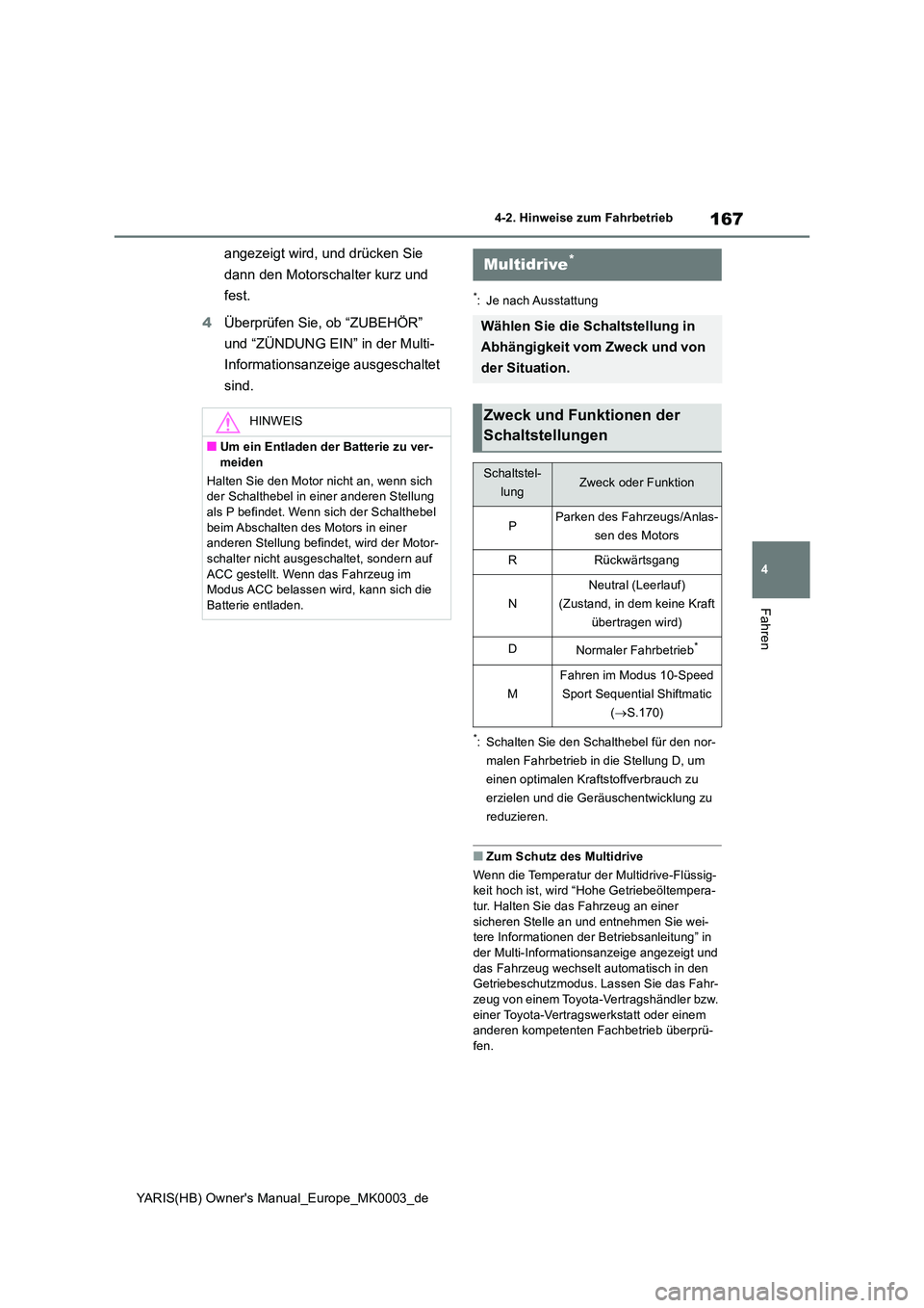 TOYOTA YARIS HATCHBACK 2020  Betriebsanleitungen (in German) 167
4
YARIS(HB) Owners Manual_Europe_MK0003_de
4-2. Hinweise zum Fahrbetrieb
Fahren
angezeigt wird, und drücken Sie  
dann den Motorschalter kurz und  
fest. 
4 Überprüfen Sie, ob “ZUBEHÖR”  
