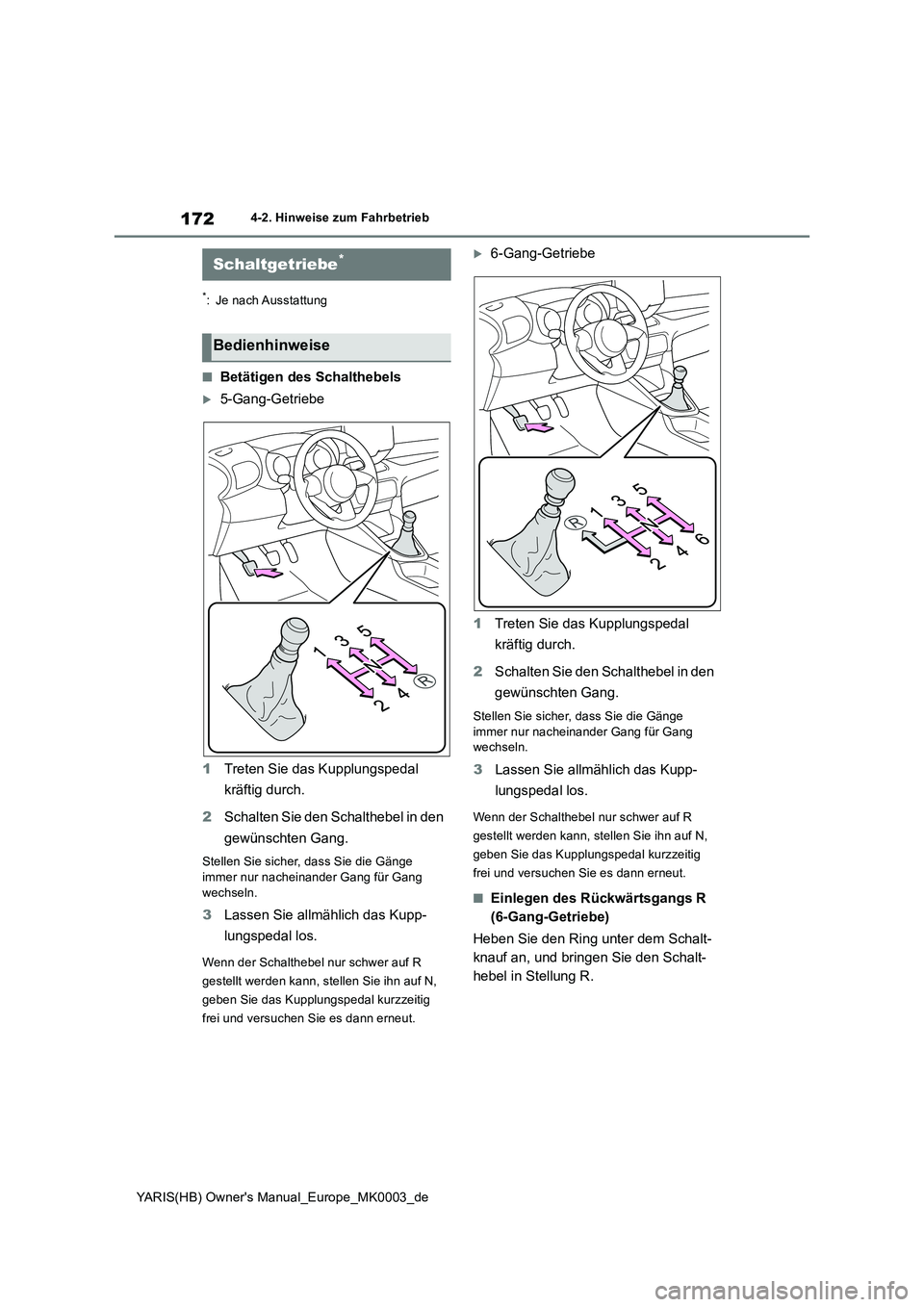 TOYOTA YARIS HATCHBACK 2020  Betriebsanleitungen (in German) 172
YARIS(HB) Owners Manual_Europe_MK0003_de
4-2. Hinweise zum Fahrbetrieb
*: Je nach Ausstattung
■Betätigen des Schalthebels
5-Gang-Getriebe 
1 Treten Sie das Kupplungspedal  
kräftig durch. 