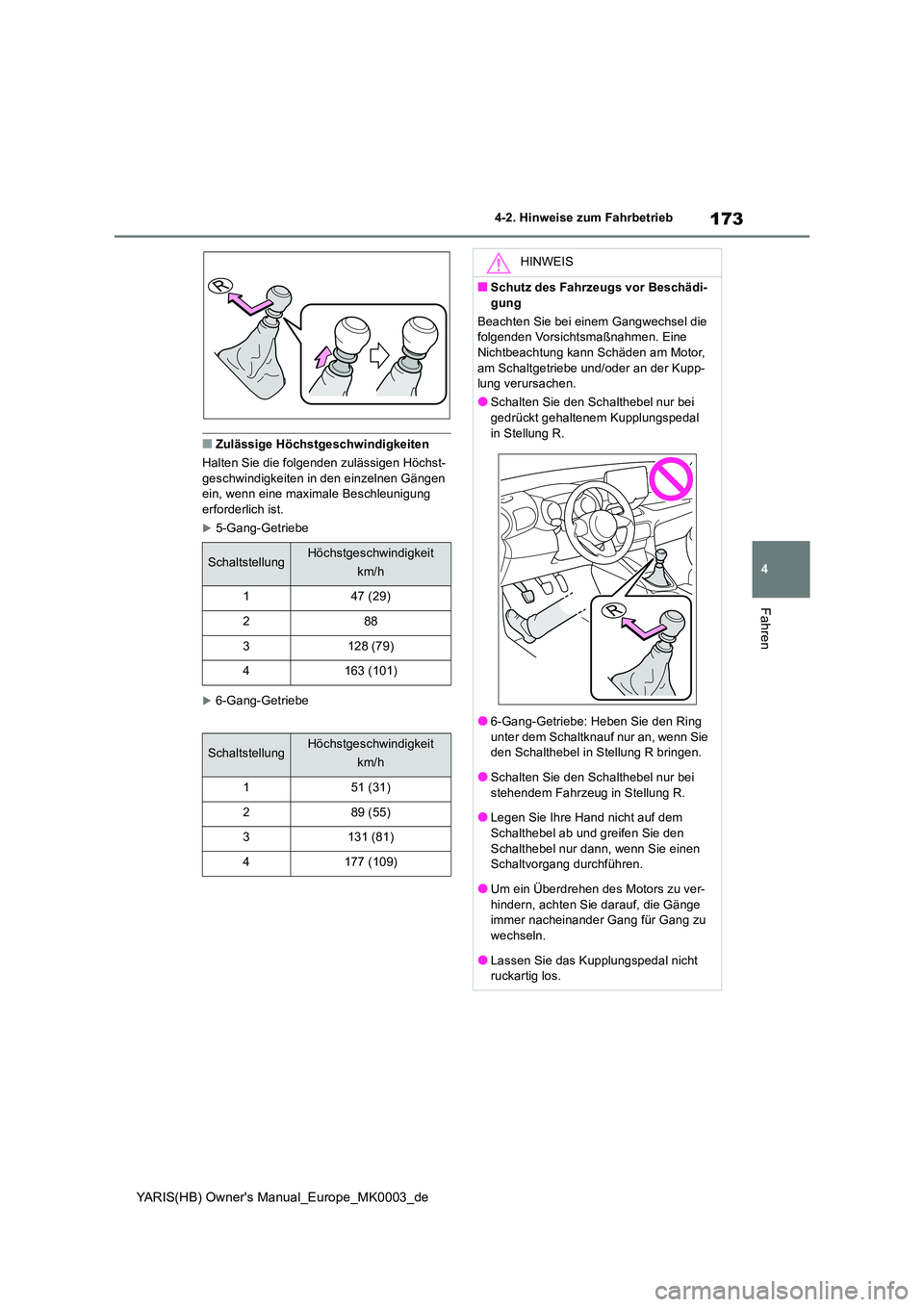 TOYOTA YARIS HATCHBACK 2020  Betriebsanleitungen (in German) 173
4
YARIS(HB) Owners Manual_Europe_MK0003_de
4-2. Hinweise zum Fahrbetrieb
Fahren
■Zulässige Höchstgeschwindigkeiten 
Halten Sie die folgenden zulässigen Höchst- geschwindigkeiten in den einz