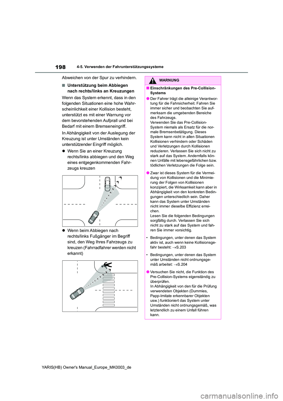 TOYOTA YARIS HATCHBACK 2020  Betriebsanleitungen (in German) 198
YARIS(HB) Owners Manual_Europe_MK0003_de
4-5. Verwenden der Fahrunterstützungssysteme
Abweichen von der Spur zu verhindern.
■Unterstützung beim Abbiegen  
nach rechts/links an Kreuzungen 
Wen