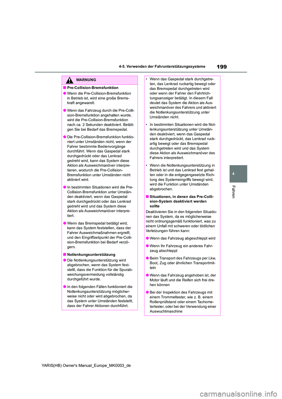 TOYOTA YARIS HATCHBACK 2020  Betriebsanleitungen (in German) 199
4
YARIS(HB) Owners Manual_Europe_MK0003_de
4-5. Verwenden der Fahrunterstützungssysteme
Fahren
WARNUNG
■Pre-Collision-Bremsfunktion
●Wenn die Pre-Collision-Bremsfunktion  
in Betrieb ist, wi