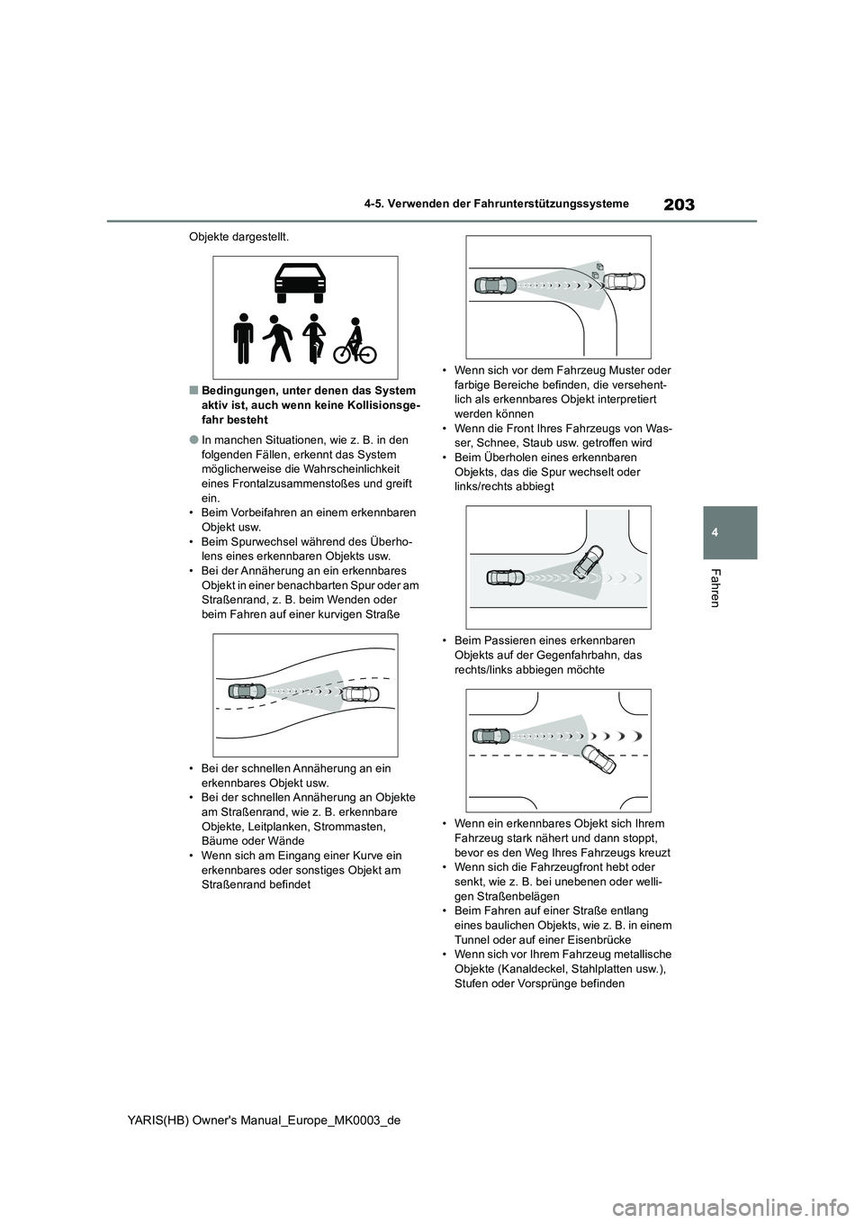 TOYOTA YARIS HATCHBACK 2020 Betriebsanleitungen (in German) 203
4
YARIS(HB) Owners Manual_Europe_MK0003_de
4-5. Verwenden der Fahrunterstützungssysteme
Fahren
Objekte dargestellt.
■Bedingungen, unter denen das System
aktiv ist, auch wenn keine Kollisions TOYOTA YARIS HATCHBACK 2020 Betriebsanleitungen (in German) 203
4
YARIS(HB) Owners Manual_Europe_MK0003_de
4-5. Verwenden der Fahrunterstützungssysteme
Fahren
Objekte dargestellt.
■Bedingungen, unter denen das System
aktiv ist, auch wenn keine Kollisions