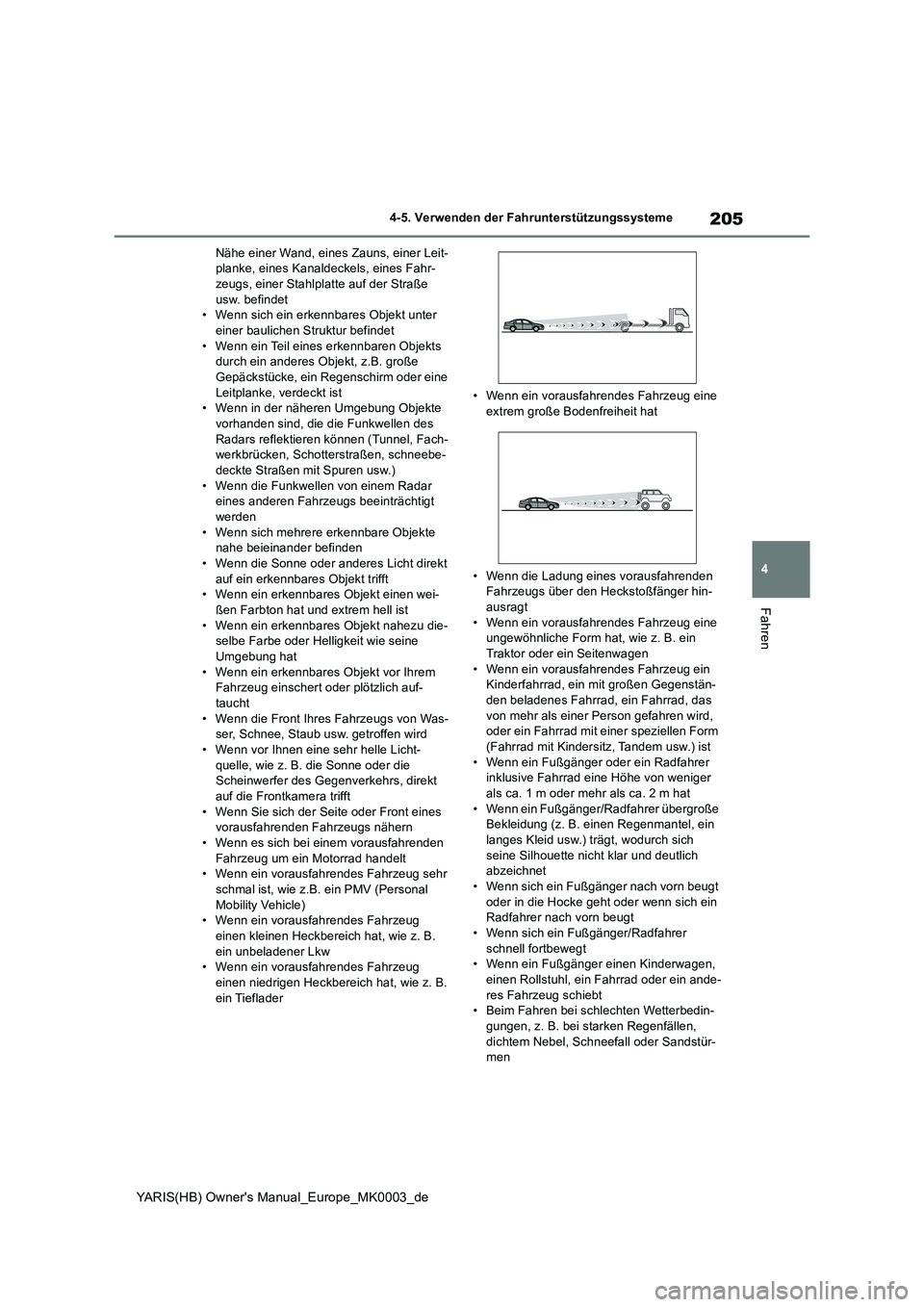 TOYOTA YARIS HATCHBACK 2020 Betriebsanleitungen (in German) 205
4
YARIS(HB) Owners Manual_Europe_MK0003_de
4-5. Verwenden der Fahrunterstützungssysteme
Fahren
Nähe einer Wand, eines Zauns, einer Leit-
planke, eines Kanaldeckels, eines Fahr-
zeugs, einer Sta TOYOTA YARIS HATCHBACK 2020 Betriebsanleitungen (in German) 205
4
YARIS(HB) Owners Manual_Europe_MK0003_de
4-5. Verwenden der Fahrunterstützungssysteme
Fahren
Nähe einer Wand, eines Zauns, einer Leit-
planke, eines Kanaldeckels, eines Fahr-
zeugs, einer Sta