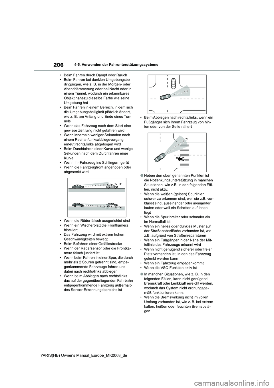 TOYOTA YARIS HATCHBACK 2020 Betriebsanleitungen (in German) 206
YARIS(HB) Owners Manual_Europe_MK0003_de
4-5. Verwenden der Fahrunterstützungssysteme
• Beim Fahren durch Dampf oder Rauch
• Beim Fahren bei dunklen Umgebungsbe-
dingungen, wie z. B. in der TOYOTA YARIS HATCHBACK 2020 Betriebsanleitungen (in German) 206
YARIS(HB) Owners Manual_Europe_MK0003_de
4-5. Verwenden der Fahrunterstützungssysteme
• Beim Fahren durch Dampf oder Rauch
• Beim Fahren bei dunklen Umgebungsbe-
dingungen, wie z. B. in der