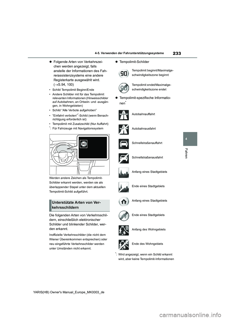 TOYOTA YARIS HATCHBACK 2020  Betriebsanleitungen (in German) 233
4
YARIS(HB) Owners Manual_Europe_MK0003_de
4-5. Verwenden der Fahrunterstützungssysteme
Fahren
�zFolgende Arten von  Verkehrszei-
chen werden angezeigt, falls 
anstelle der Informationen des Fah