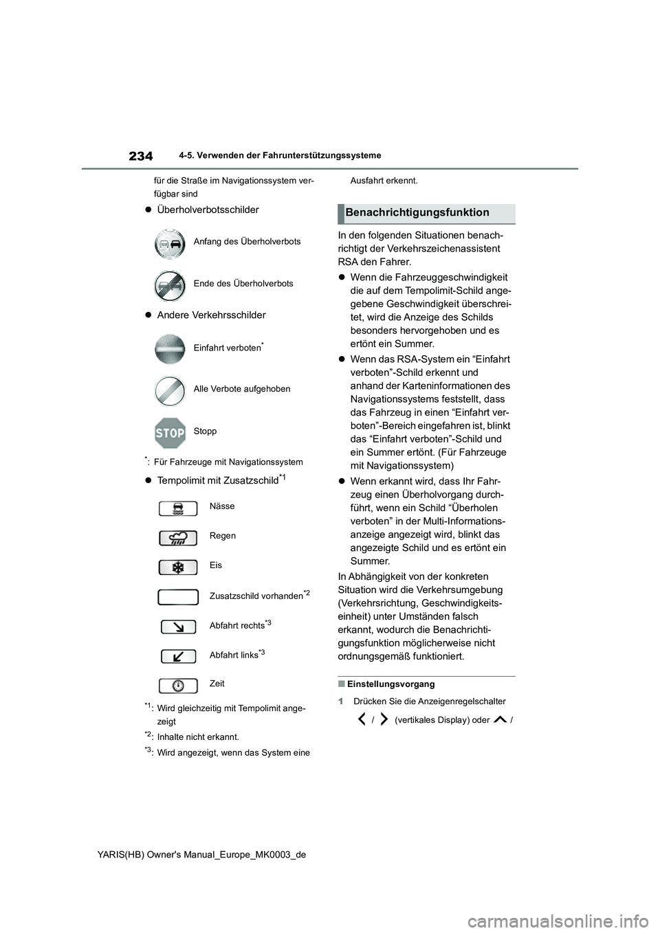 TOYOTA YARIS HATCHBACK 2020  Betriebsanleitungen (in German) 234
YARIS(HB) Owners Manual_Europe_MK0003_de
4-5. Verwenden der Fahrunterstützungssysteme
für die Straße im Navigationssystem ver-
fügbar sind
�zÜberholverbotsschilder
�zAndere Verkehrsschilder
