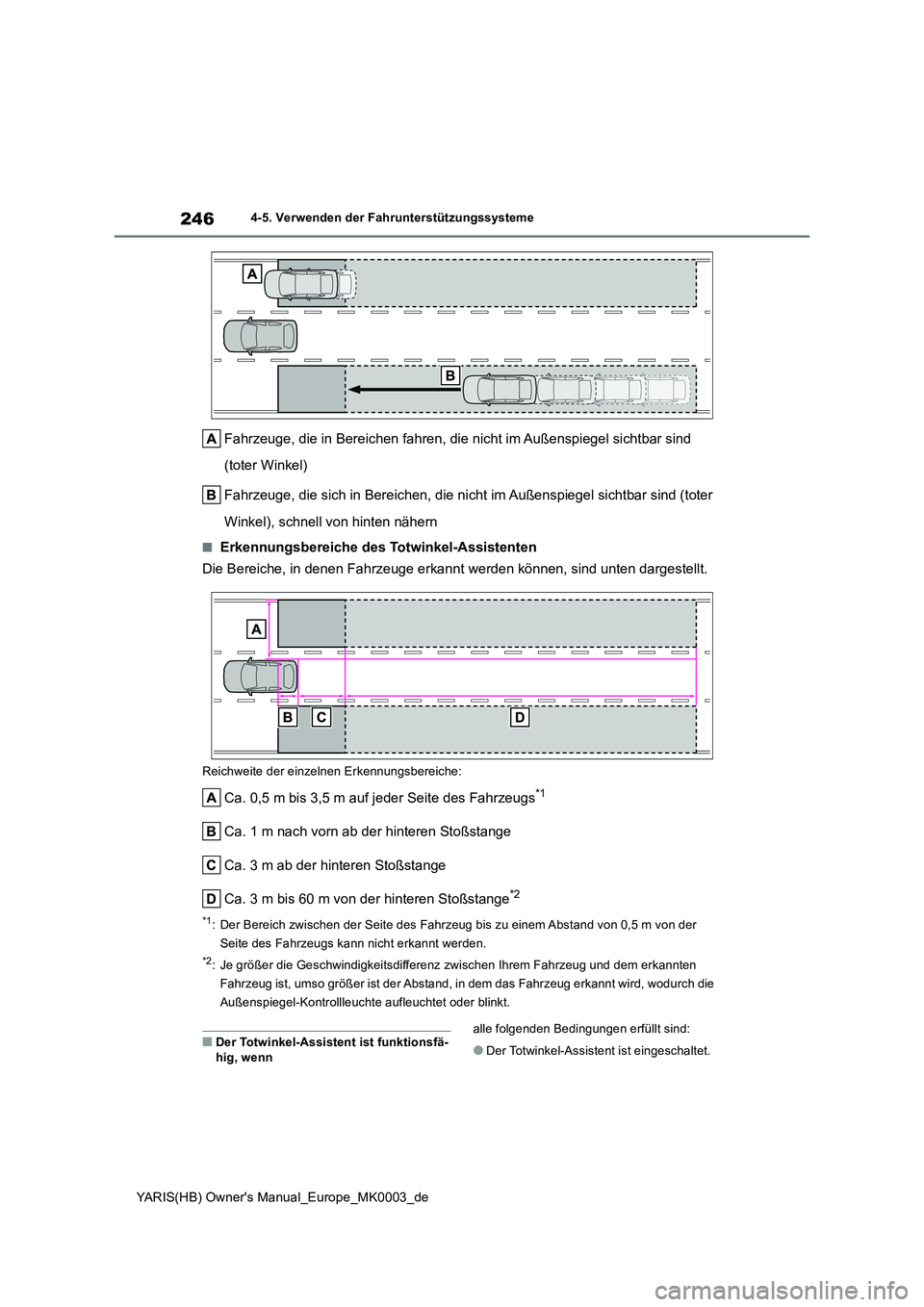 TOYOTA YARIS HATCHBACK 2020 Betriebsanleitungen (in German) 246
YARIS(HB) Owners Manual_Europe_MK0003_de
4-5. Verwenden der Fahrunterstützungssysteme
Fahrzeuge, die in Bereichen fahren, die nicht im Außenspiegel sichtbar sind
(toter Winkel)
Fahrzeuge, di TOYOTA YARIS HATCHBACK 2020 Betriebsanleitungen (in German) 246
YARIS(HB) Owners Manual_Europe_MK0003_de
4-5. Verwenden der Fahrunterstützungssysteme
Fahrzeuge, die in Bereichen fahren, die nicht im Außenspiegel sichtbar sind
(toter Winkel)
Fahrzeuge, di