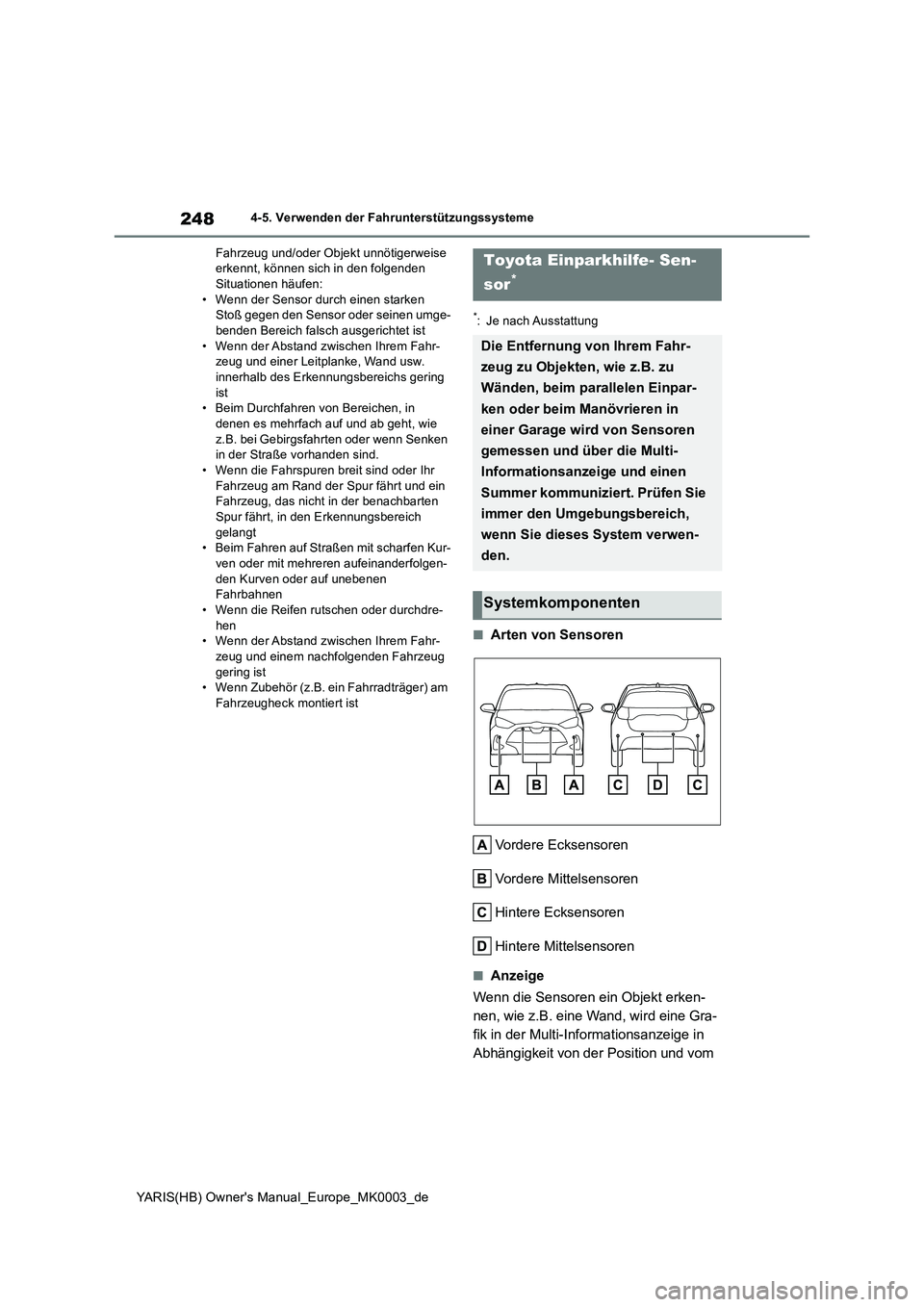 TOYOTA YARIS HATCHBACK 2020 Betriebsanleitungen (in German) 248
YARIS(HB) Owners Manual_Europe_MK0003_de
4-5. Verwenden der Fahrunterstützungssysteme
Fahrzeug und/oder Objekt unnötigerweise erkennt, können sich in den folgenden Situationen häufen:
• TOYOTA YARIS HATCHBACK 2020 Betriebsanleitungen (in German) 248
YARIS(HB) Owners Manual_Europe_MK0003_de
4-5. Verwenden der Fahrunterstützungssysteme
Fahrzeug und/oder Objekt unnötigerweise erkennt, können sich in den folgenden Situationen häufen:
•