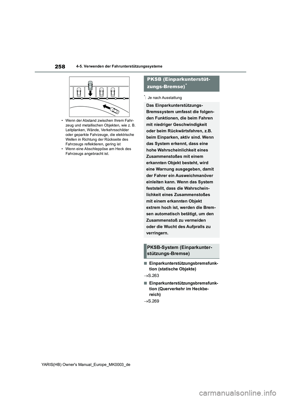 TOYOTA YARIS HATCHBACK 2020 Betriebsanleitungen (in German) 258
YARIS(HB) Owners Manual_Europe_MK0003_de
4-5. Verwenden der Fahrunterstützungssysteme
• Wenn der Abstand zwischen Ihrem Fahr- zeug und metallischen Objekten, wie z. B. Leitplanken, Wände, Ve TOYOTA YARIS HATCHBACK 2020 Betriebsanleitungen (in German) 258
YARIS(HB) Owners Manual_Europe_MK0003_de
4-5. Verwenden der Fahrunterstützungssysteme
• Wenn der Abstand zwischen Ihrem Fahr- zeug und metallischen Objekten, wie z. B. Leitplanken, Wände, Ve
