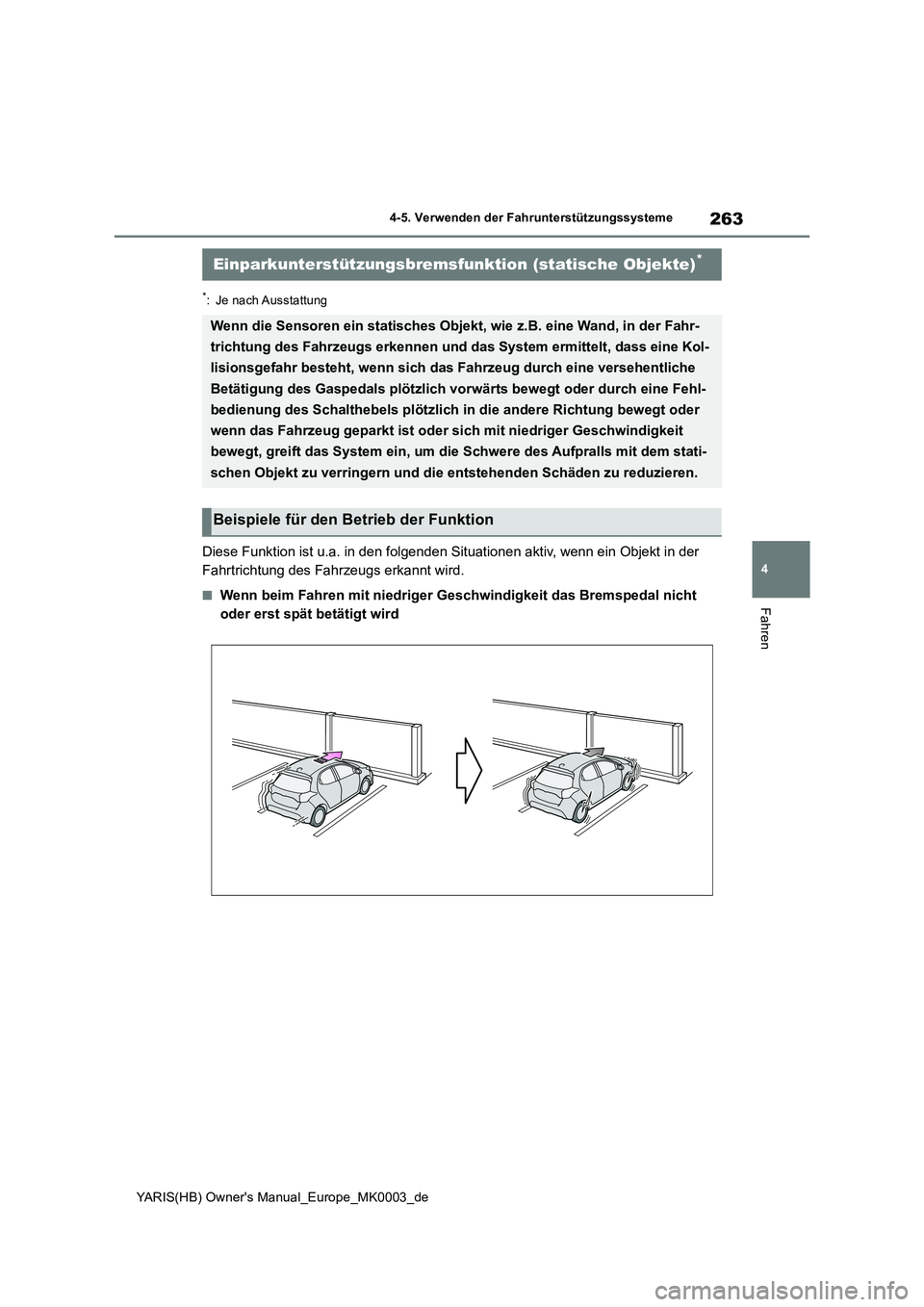 TOYOTA YARIS HATCHBACK 2020  Betriebsanleitungen (in German) 263
4
YARIS(HB) Owners Manual_Europe_MK0003_de
4-5. Verwenden der Fahrunterstützungssysteme
Fahren
*: Je nach Ausstattung
Diese Funktion ist u.a. in den folgenden Situationen aktiv, wenn ein Objekt 