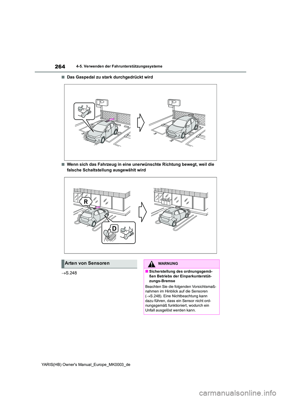 TOYOTA YARIS HATCHBACK 2020  Betriebsanleitungen (in German) 264
YARIS(HB) Owners Manual_Europe_MK0003_de
4-5. Verwenden der Fahrunterstützungssysteme
■Das Gaspedal zu stark durchgedrückt wird
■Wenn sich das Fahrzeug in eine unerwünschte Richtung bewegt