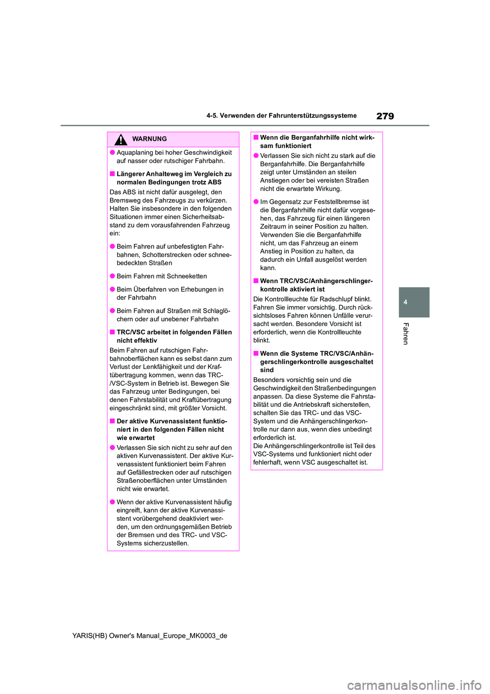 TOYOTA YARIS HATCHBACK 2020 Betriebsanleitungen (in German) 279
4
YARIS(HB) Owners Manual_Europe_MK0003_de
4-5. Verwenden der Fahrunterstützungssysteme
Fahren
WARNUNG
●Aquaplaning bei hoher Geschwindigkeit
auf nasser oder rutschiger Fahrbahn.
■Längere TOYOTA YARIS HATCHBACK 2020 Betriebsanleitungen (in German) 279
4
YARIS(HB) Owners Manual_Europe_MK0003_de
4-5. Verwenden der Fahrunterstützungssysteme
Fahren
WARNUNG
●Aquaplaning bei hoher Geschwindigkeit
auf nasser oder rutschiger Fahrbahn.
■Längere